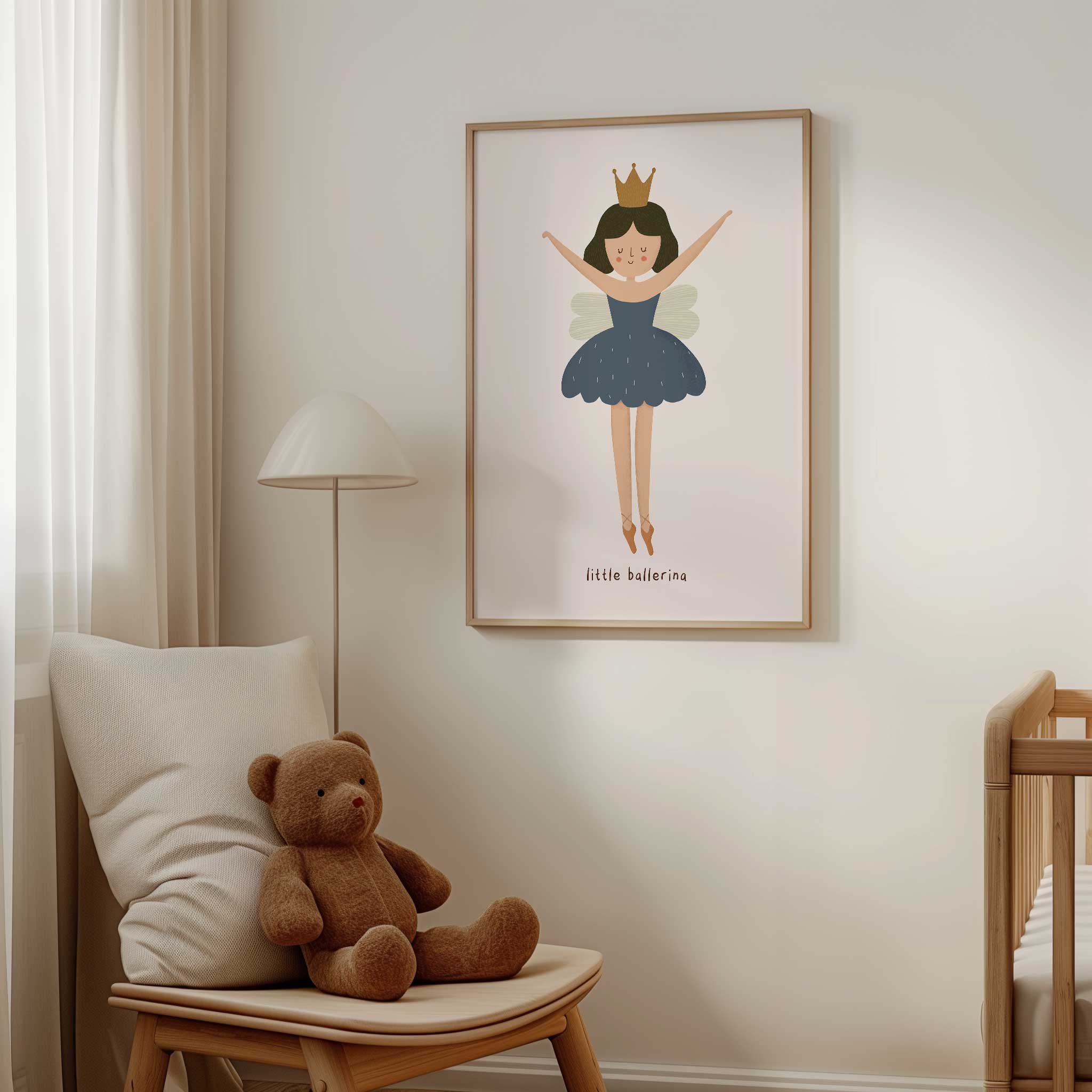 Delicate Little Ballerina with crown and wings, charming minimalist print for graceful kids room