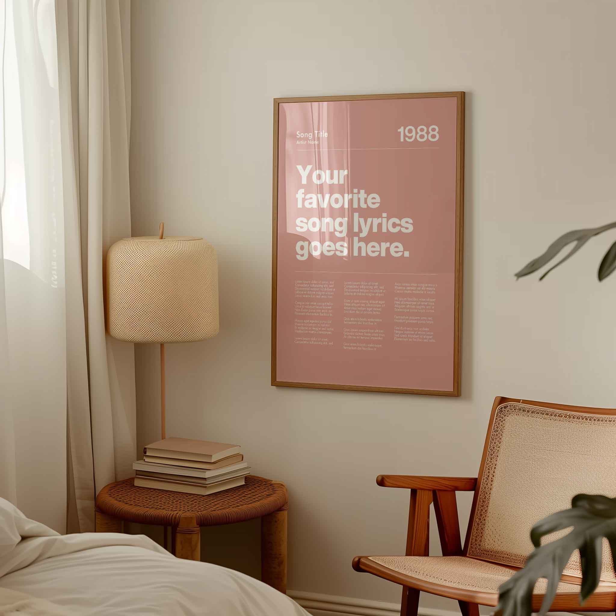 a bedroom with a poster on the wall