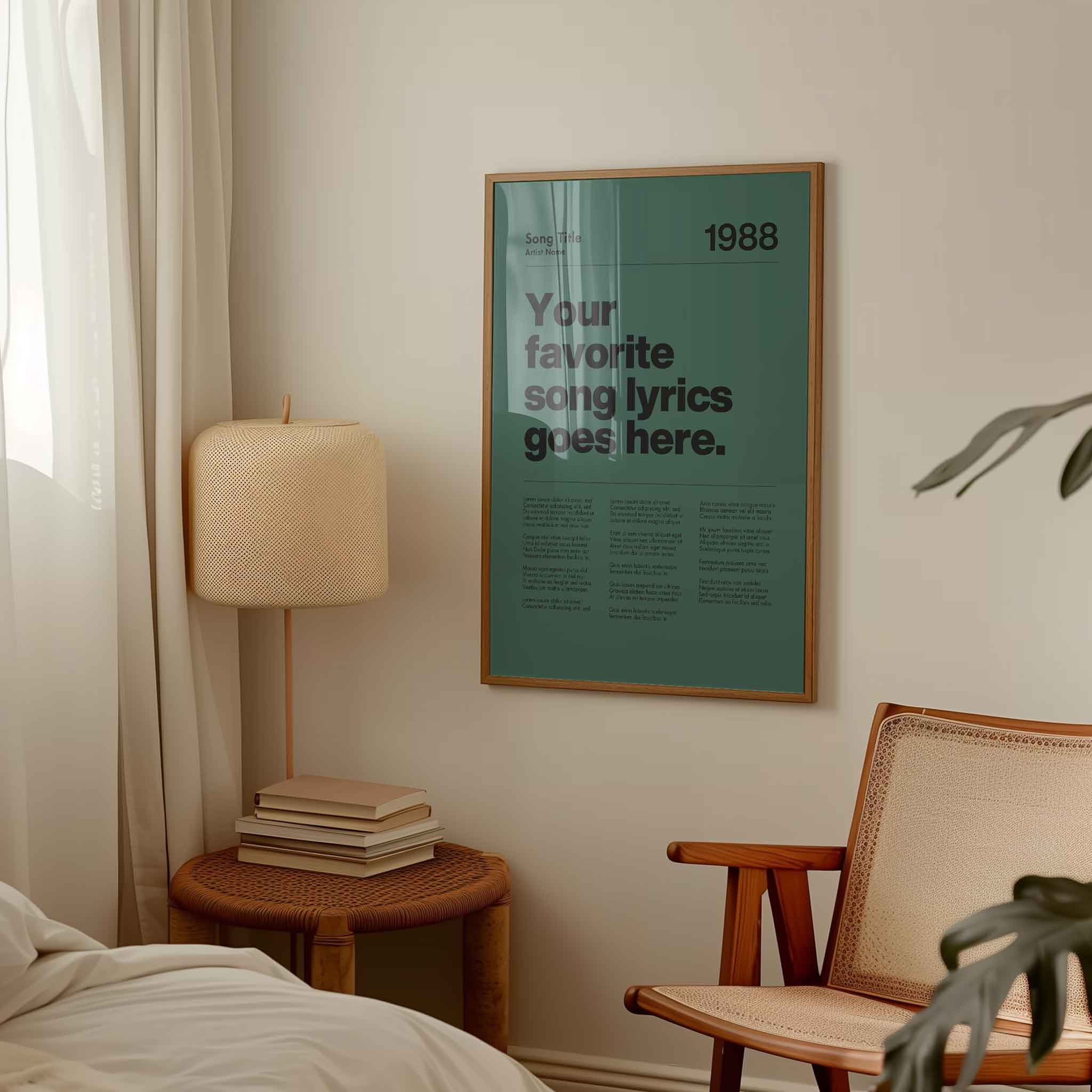 a bedroom with a poster hanging on the wall