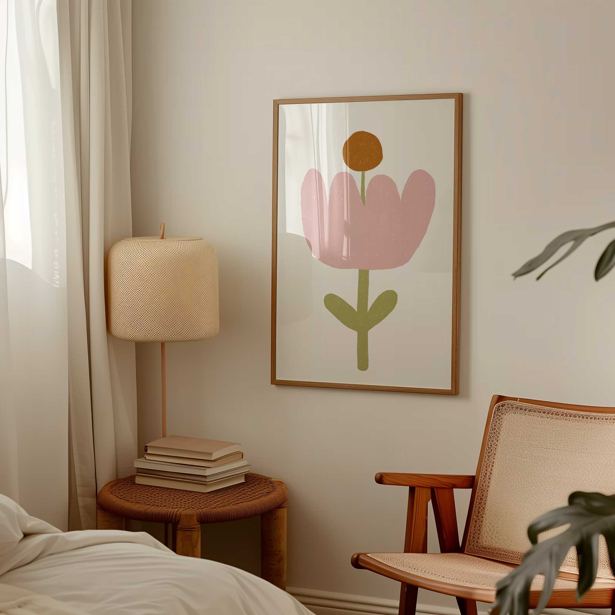 Sweet Pink Flower illustration, minimal charm aesthetic print for calming playroom decor