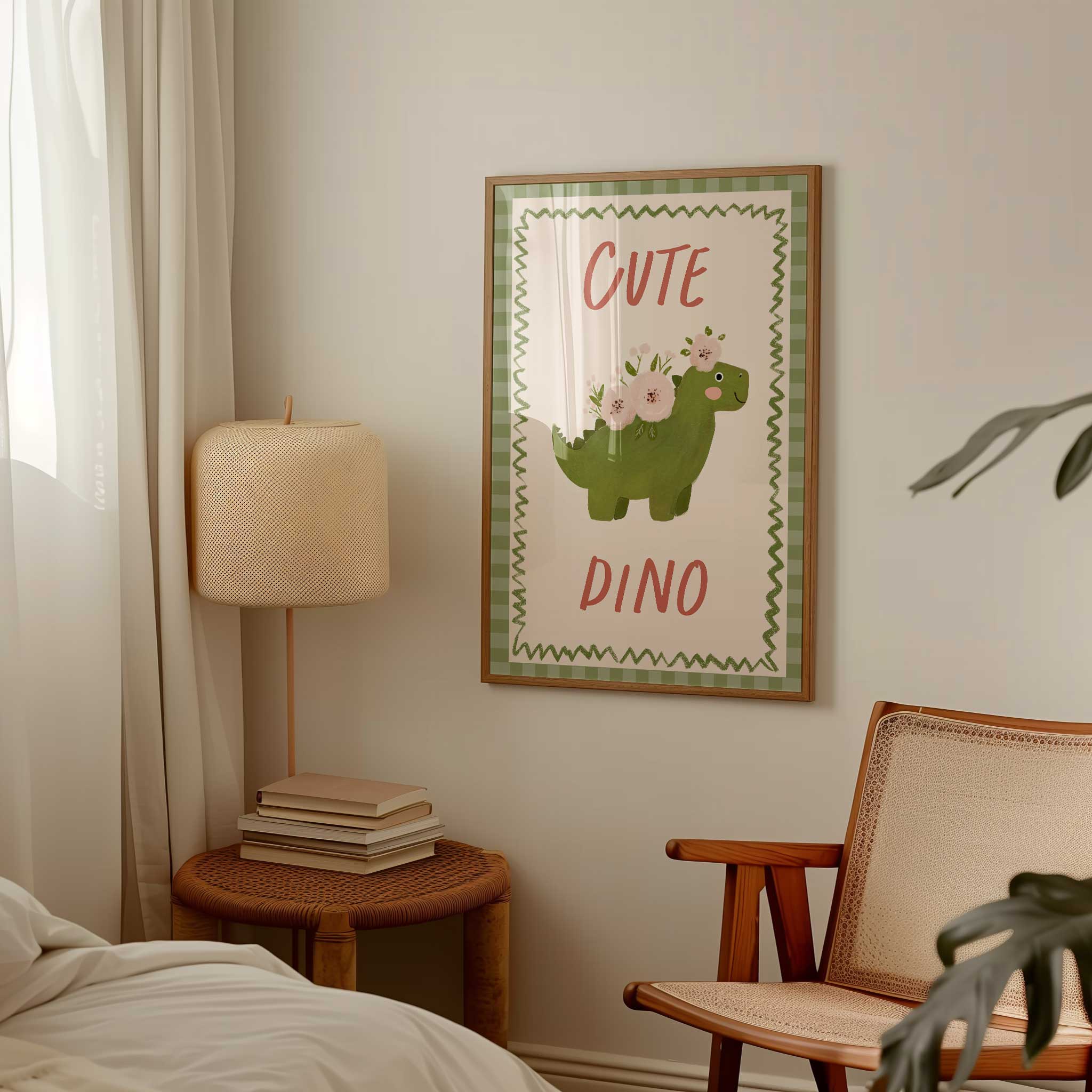 Playful Cute Dino with soft florals, sweet minimalist print for whimsical dino-loving playroom