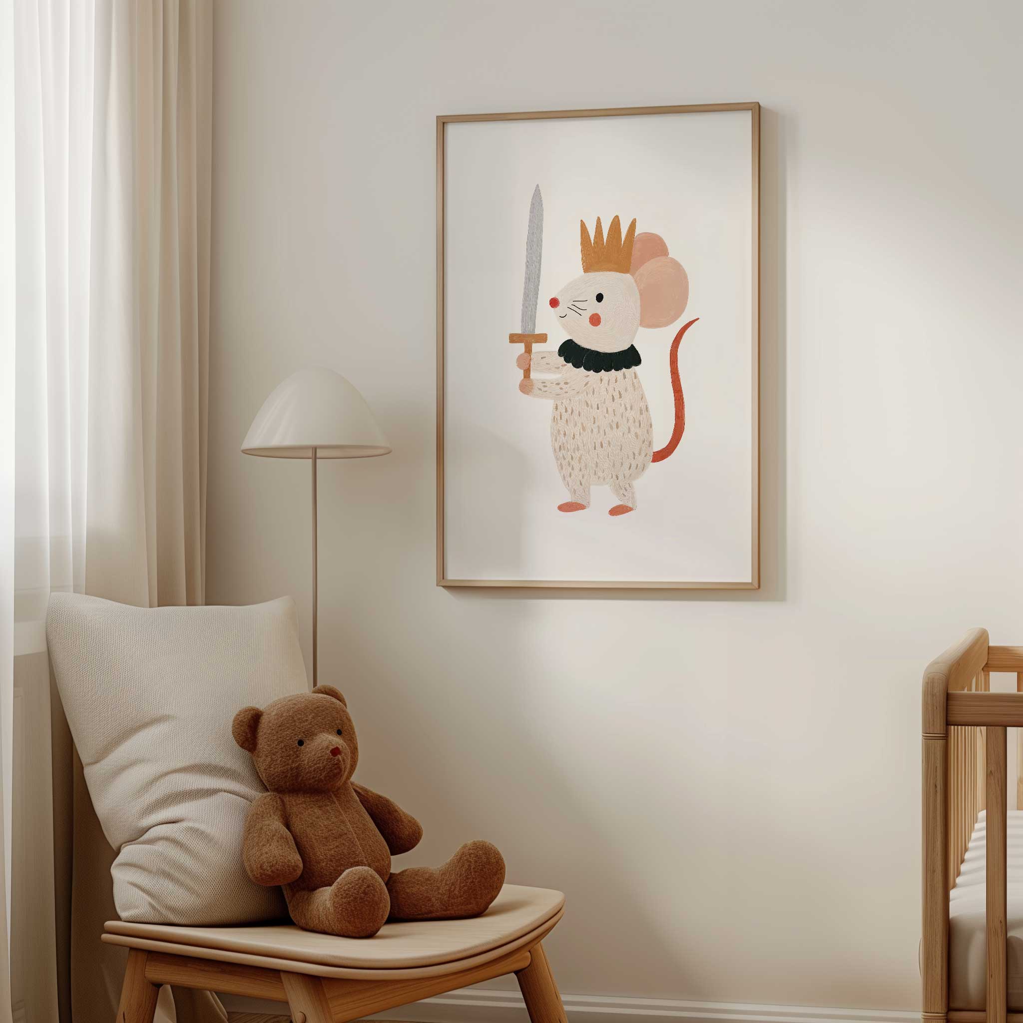 Brave Sword King Mouse with crown, adventurous aesthetic print for fairy tale playroom