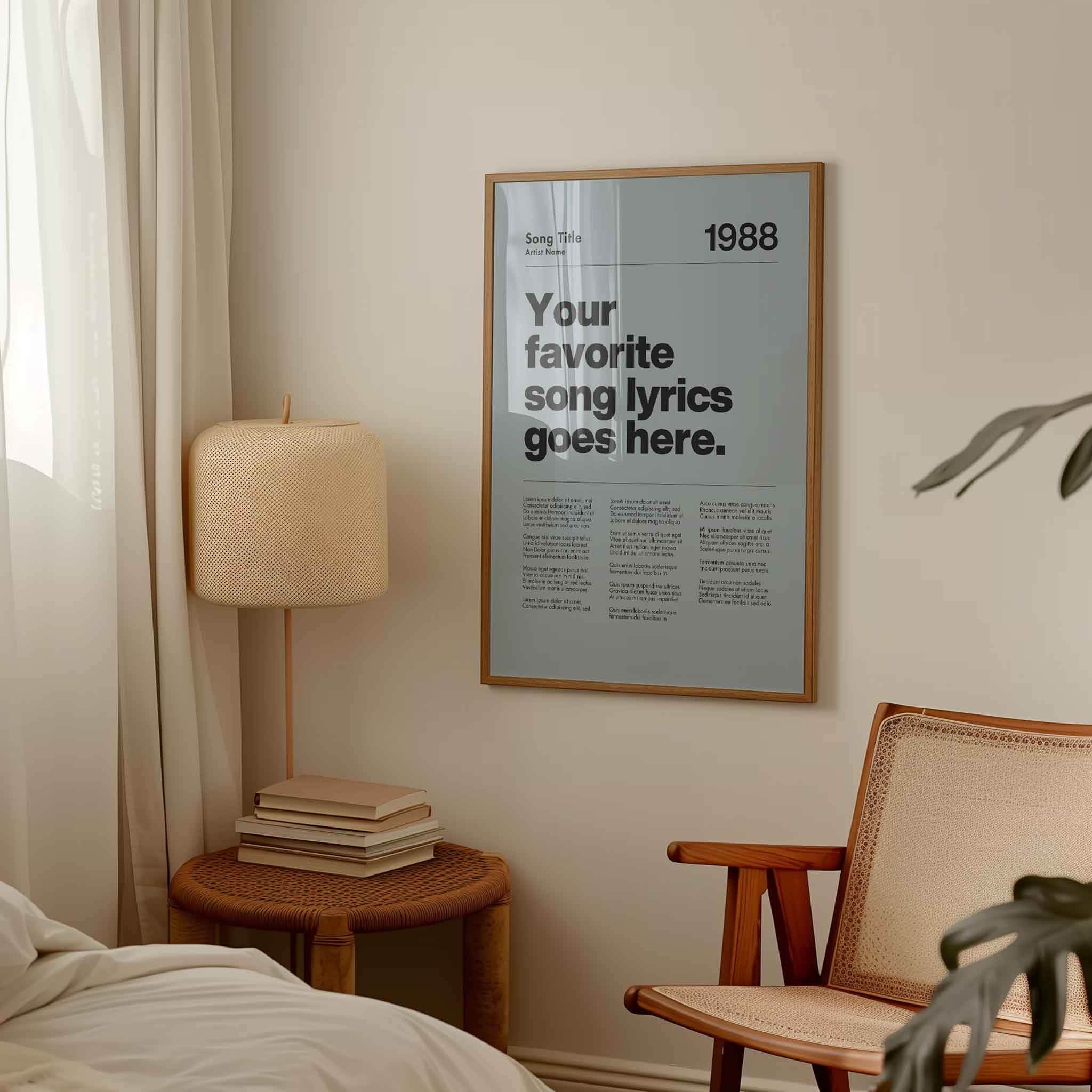 a bedroom with a poster hanging on the wall