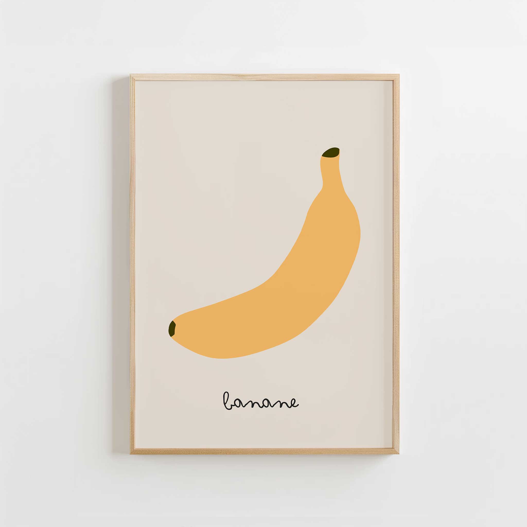 Playful banana illustration, 'Banane - Minimal Fruit Print,' modern wall art for kitchen aesthetic, titled 'Banane - Minimal Fruit Print'