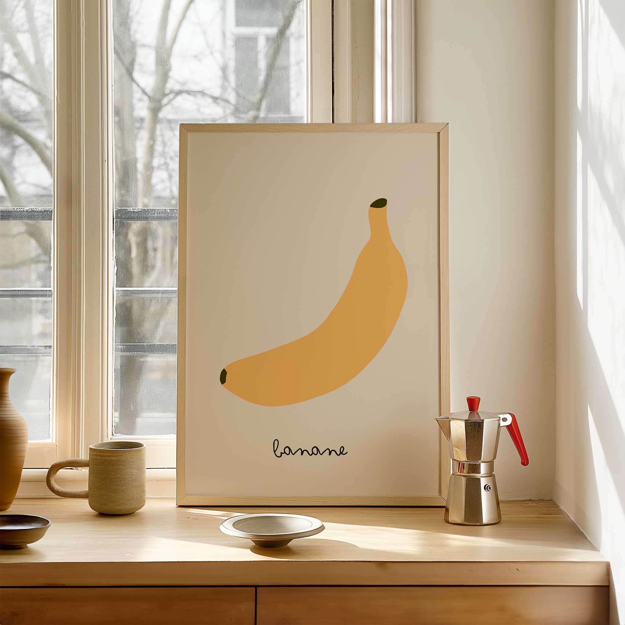 Playful banana illustration, 'Banane - Minimal Fruit Print,' modern wall art for kitchen aesthetic, titled 'Banane - Minimal Fruit Print'