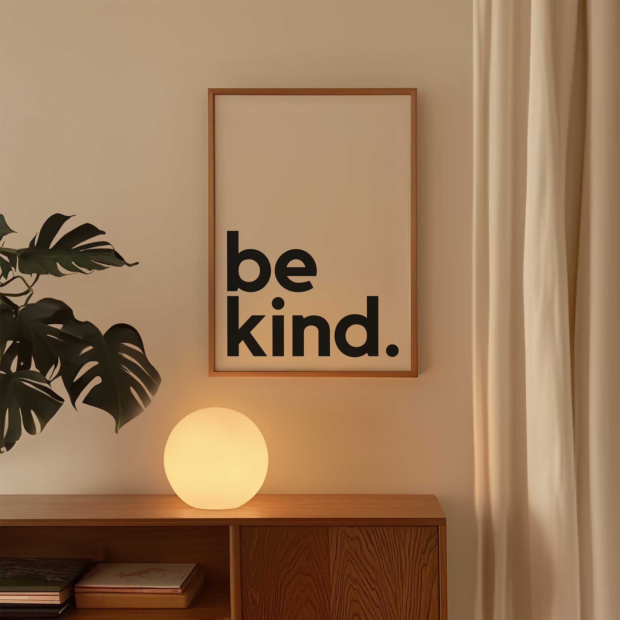 be kind.' typography, minimalist motivational modern wall art with a thoughtful aesthetic, titled 'be kind.'