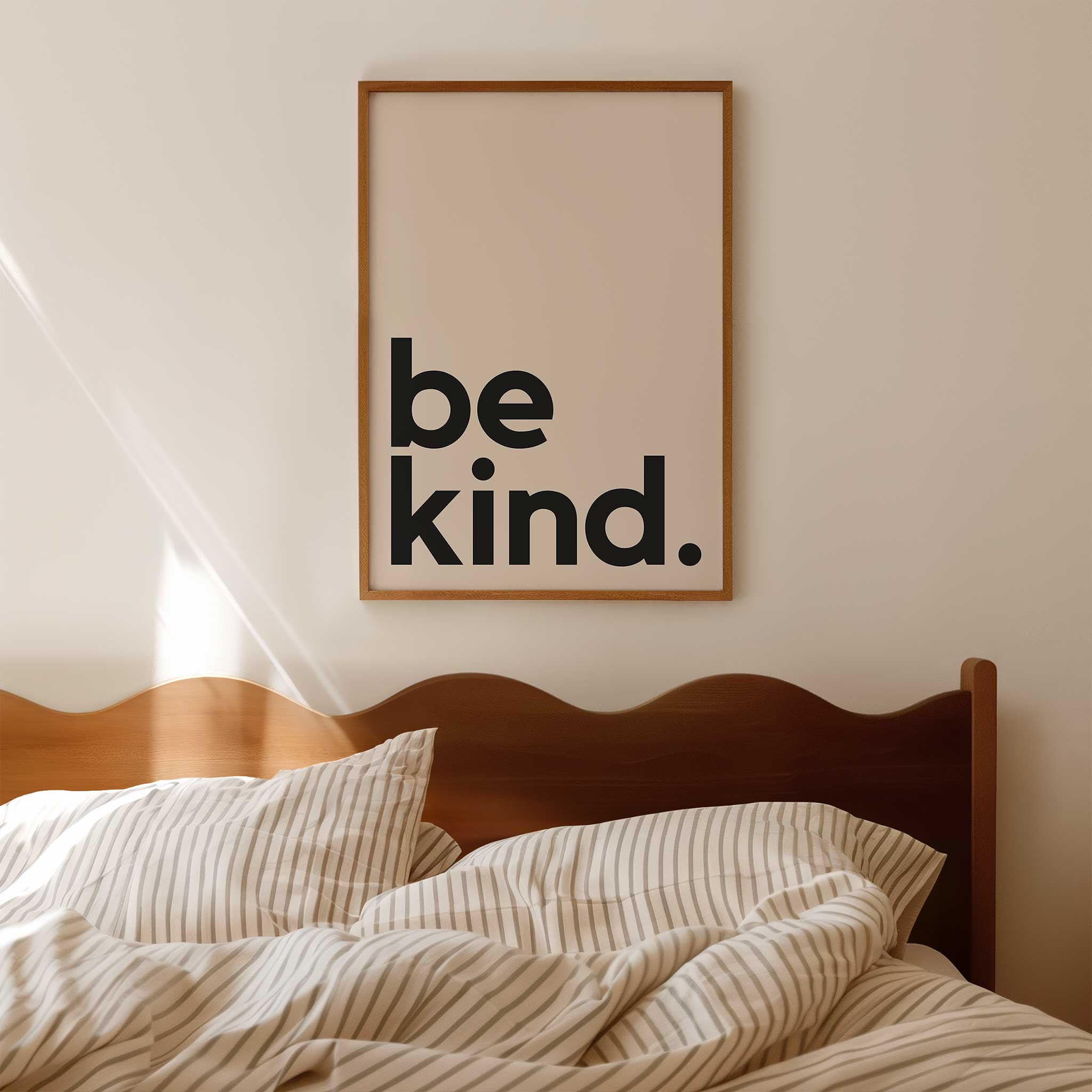 be kind.' typography, minimalist motivational modern wall art with a thoughtful aesthetic, titled 'be kind.'