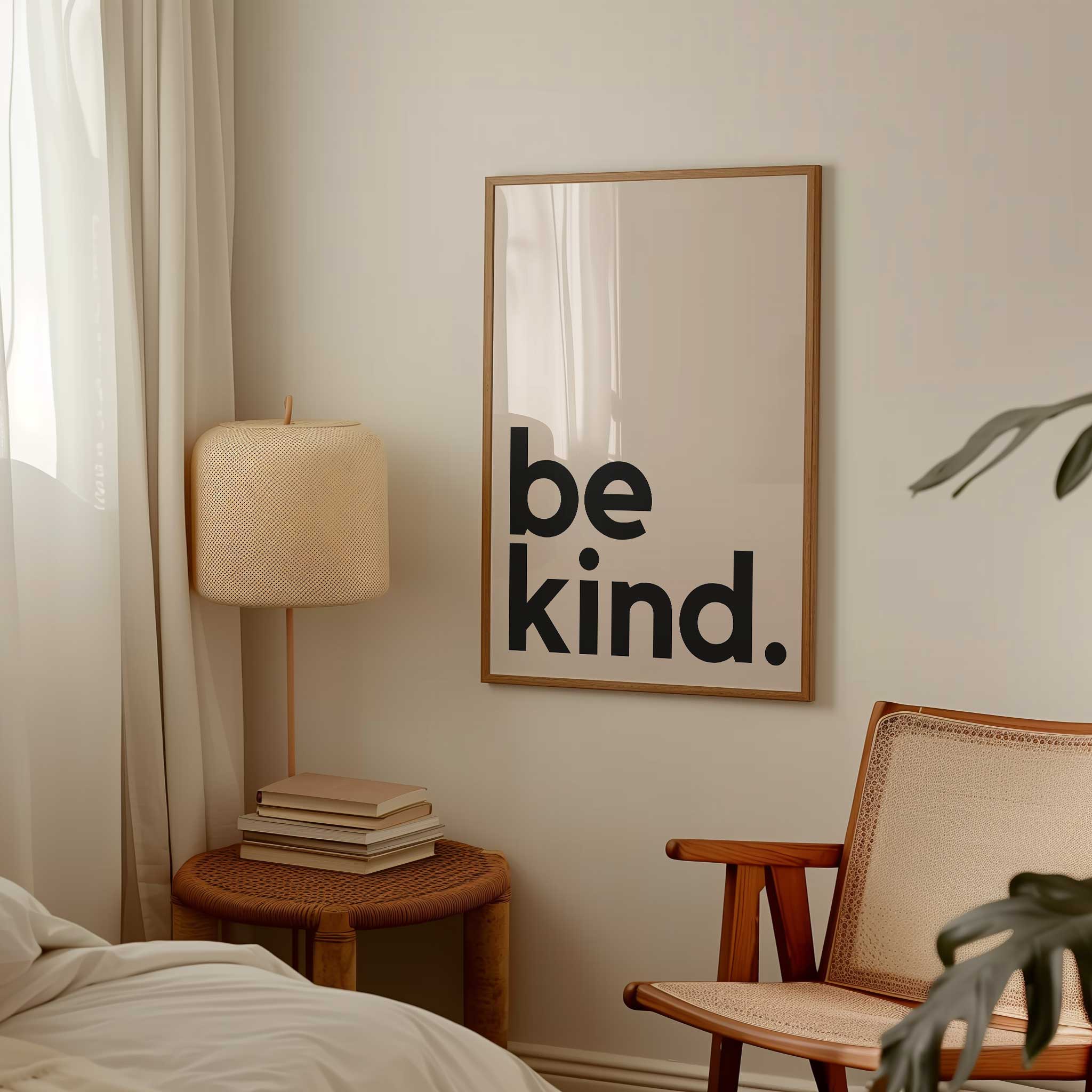 be kind.' typography, minimalist motivational modern wall art with a thoughtful aesthetic, titled 'be kind.'