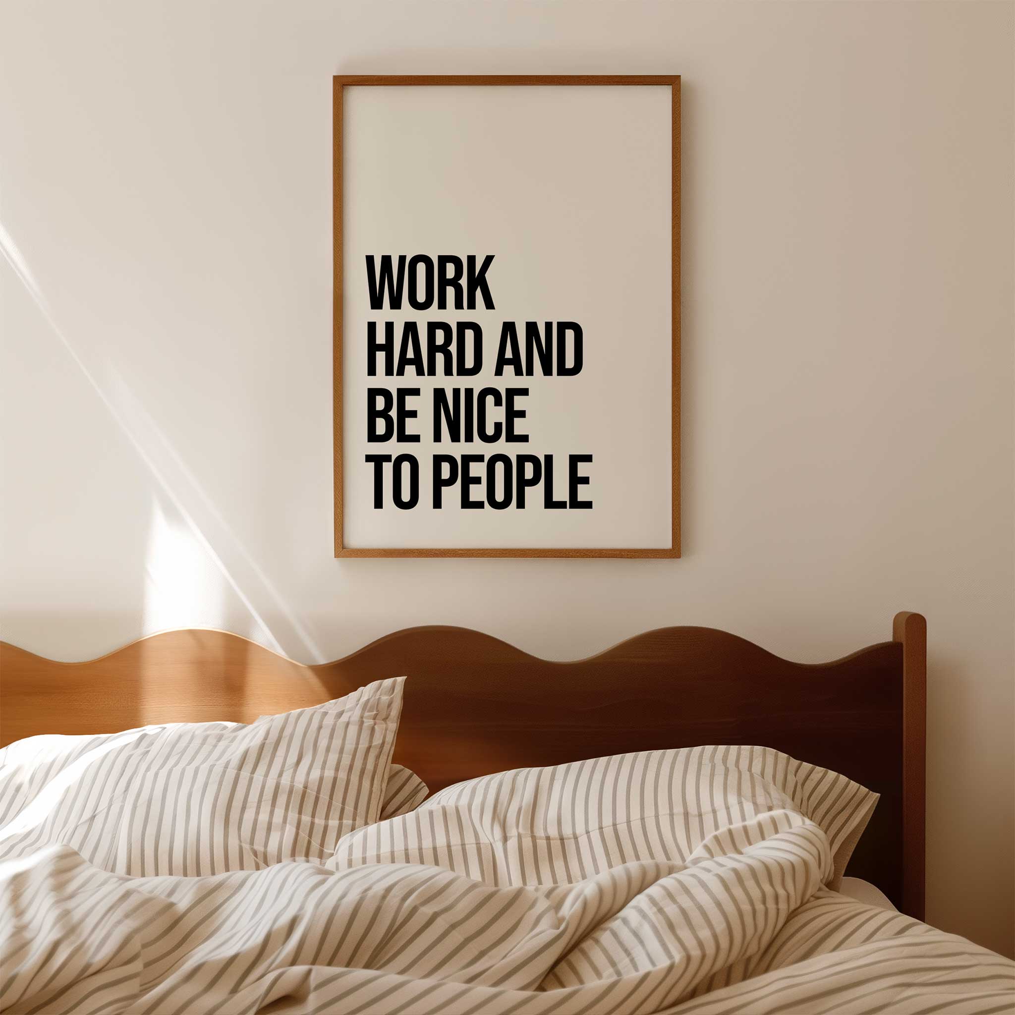 Work Hard and Be Nice to People' typography, motivational framed wall art print for an inspiring aesthetic, titled 'Work Hard and Be Nice to People'