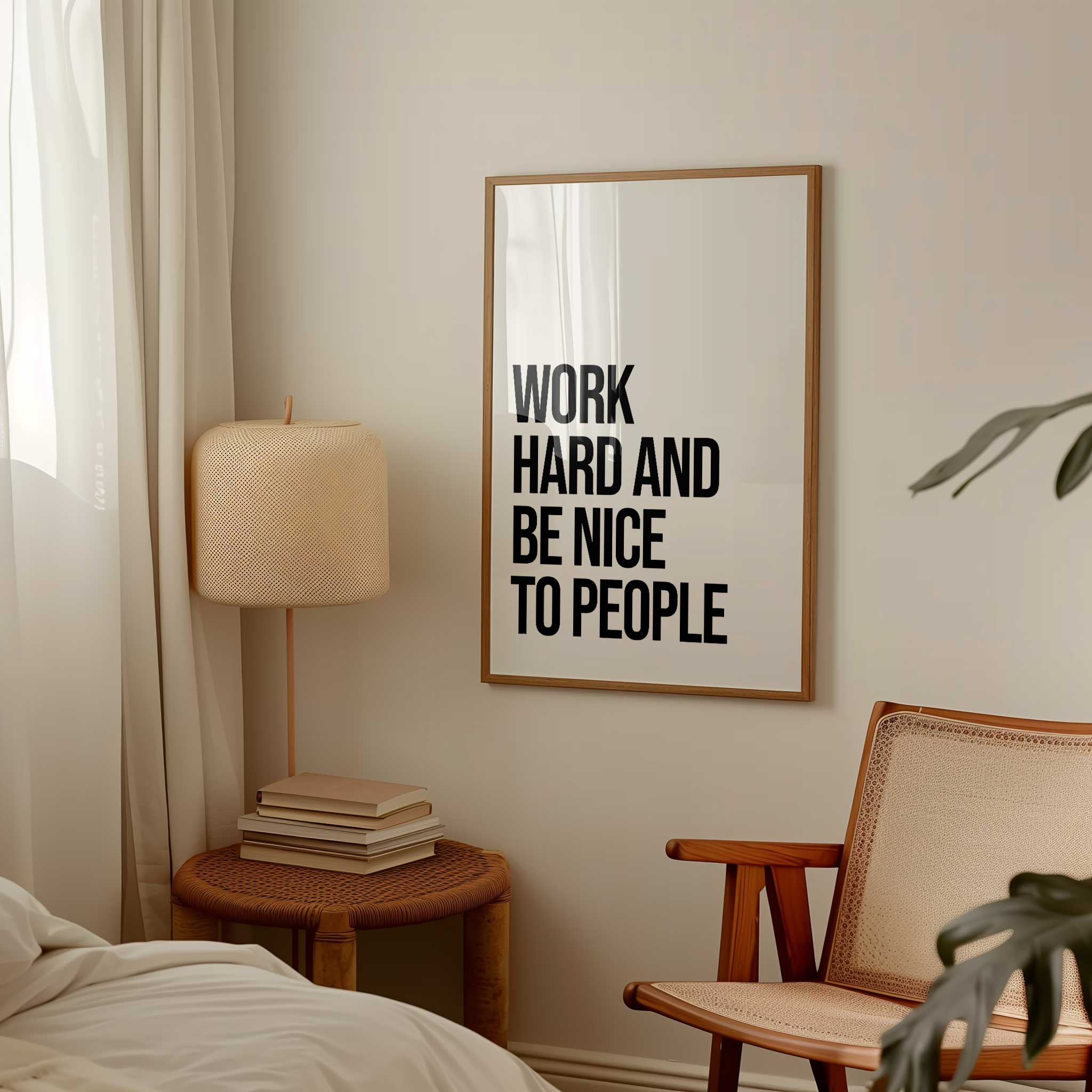 Work Hard and Be Nice to People' typography, motivational framed wall art print for an inspiring aesthetic, titled 'Work Hard and Be Nice to People'