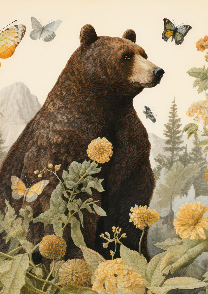 Brown Bear Botanical Art Print