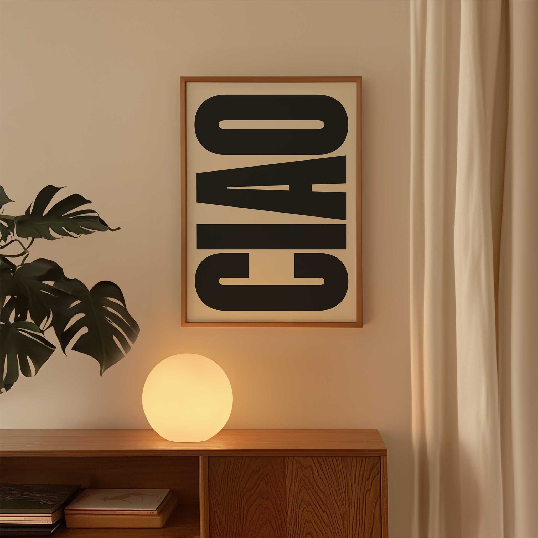 CIAO' stylish typography, minimalist print for entryway with an Italian charm aesthetic, titled 'CIAO'