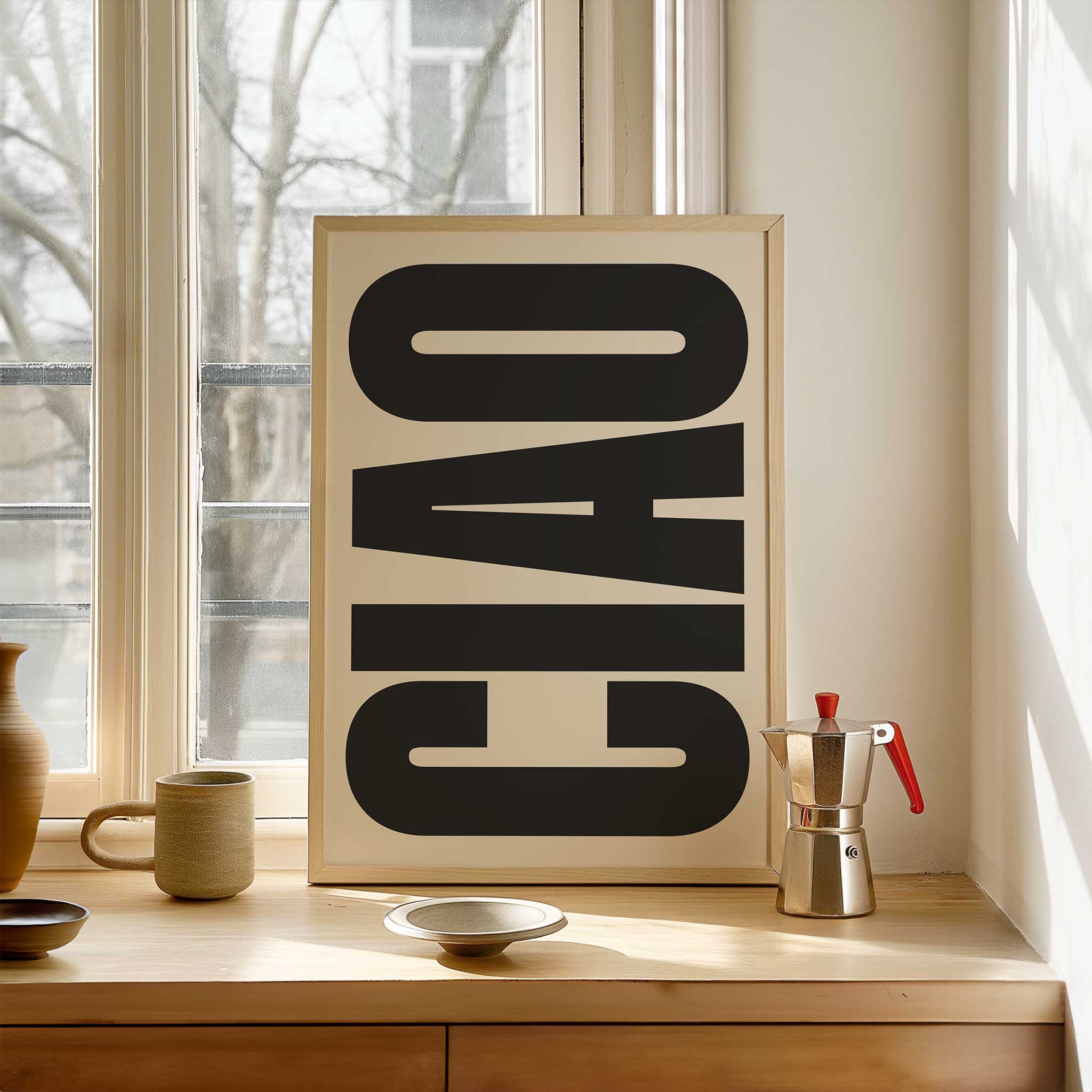 CIAO' stylish typography, minimalist print for entryway with an Italian charm aesthetic, titled 'CIAO'
