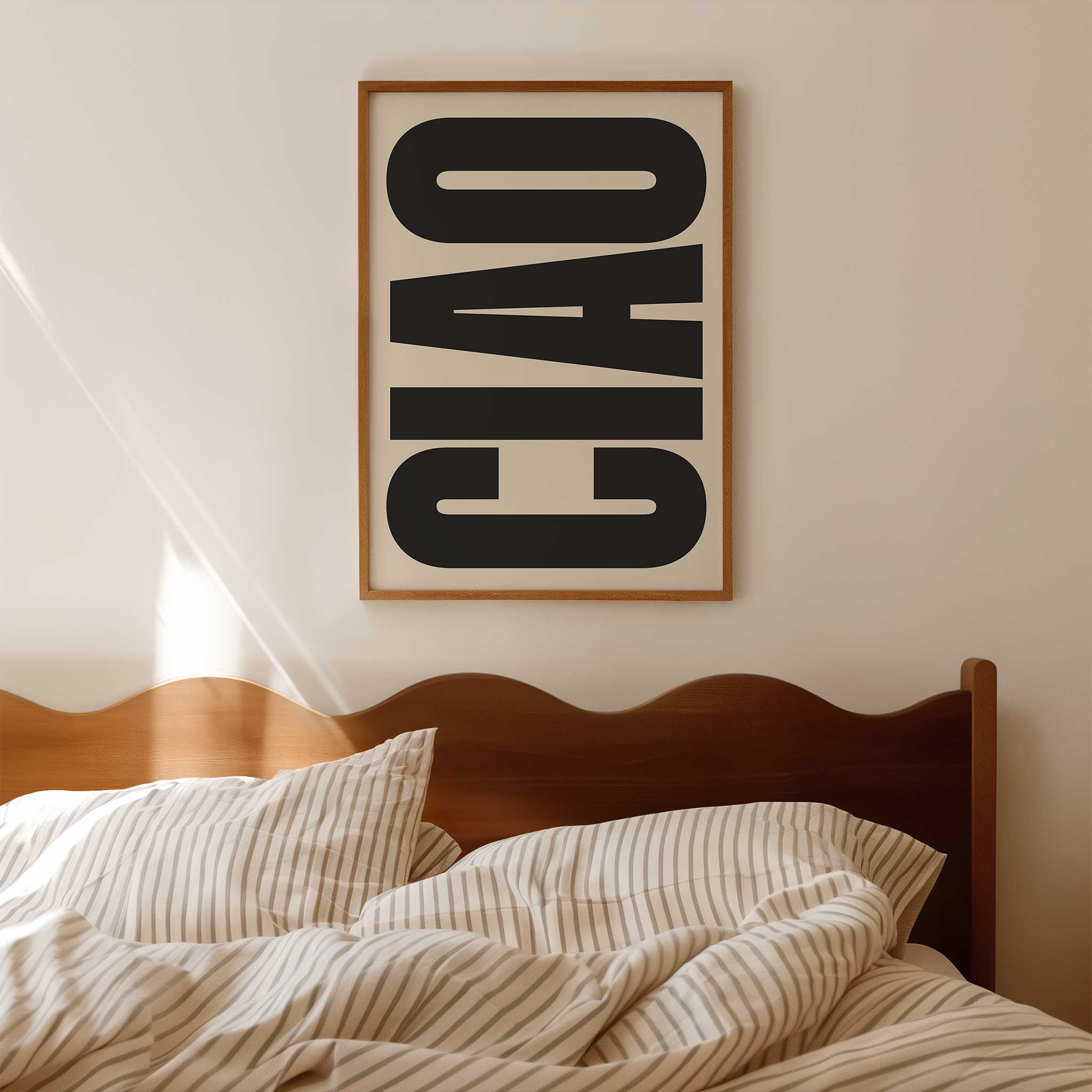CIAO' stylish typography, minimalist print for entryway with an Italian charm aesthetic, titled 'CIAO'