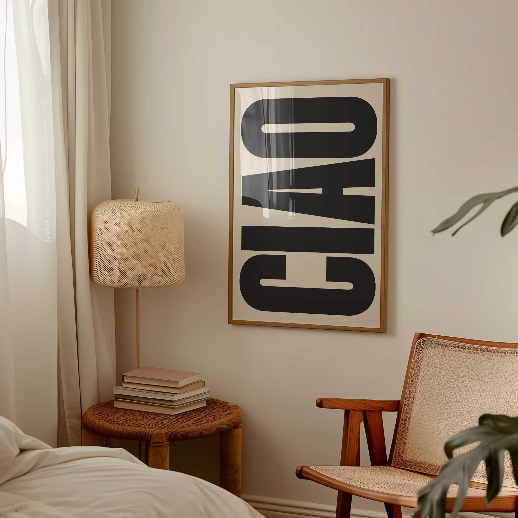 CIAO' stylish typography, minimalist print for entryway with an Italian charm aesthetic, titled 'CIAO'