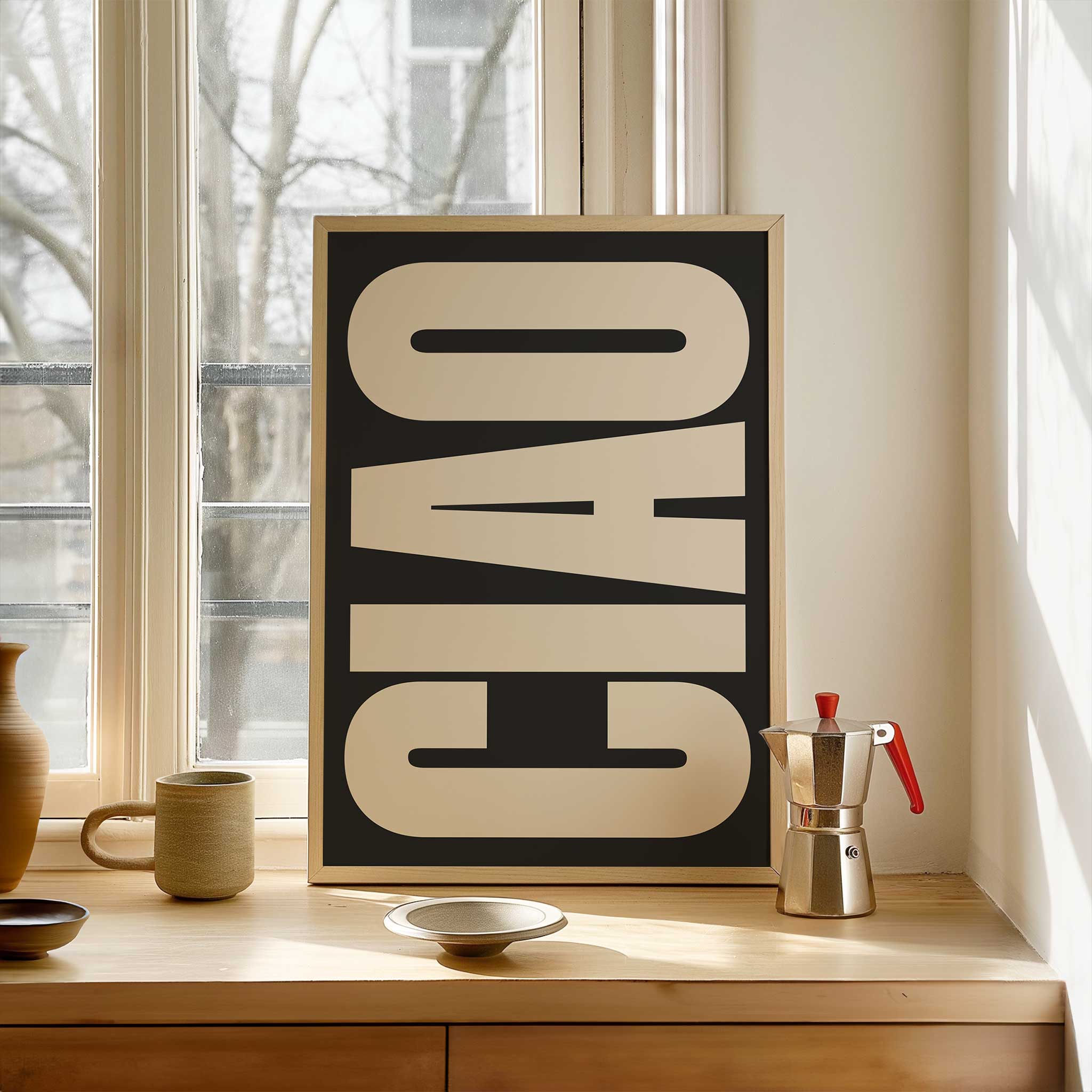 CIAO BLACK' bold typography, modern wall art statement with a graphic aesthetic, titled 'CIAO BLACK'