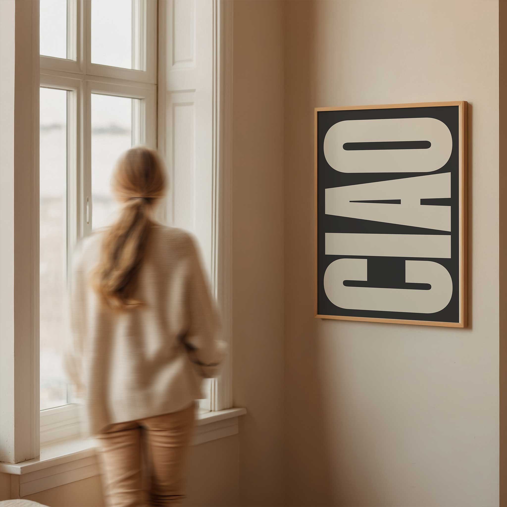 CIAO BLACK' bold typography, modern wall art statement with a graphic aesthetic, titled 'CIAO BLACK'