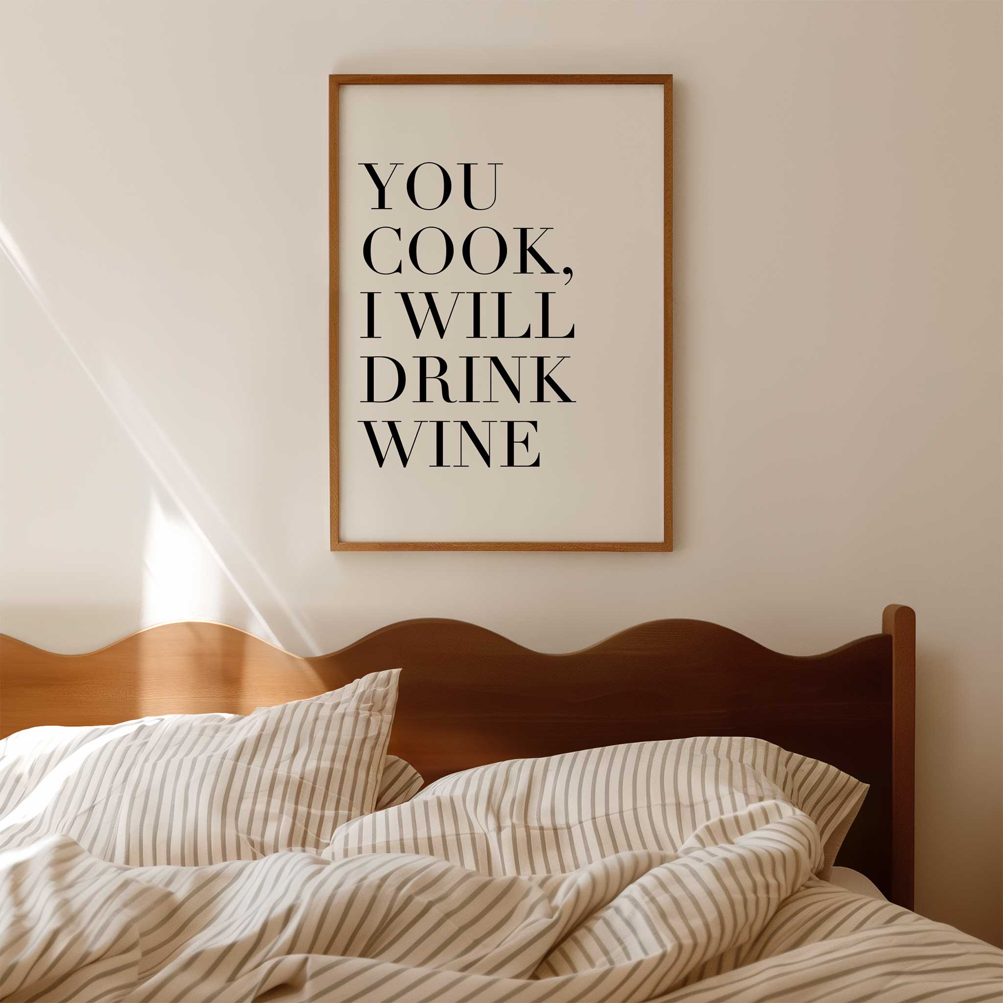 You Cook, I Will Drink Wine' chic typography, aesthetic canvas print style for kitchen humor, titled 'You Cook, I Will Drink Wine'