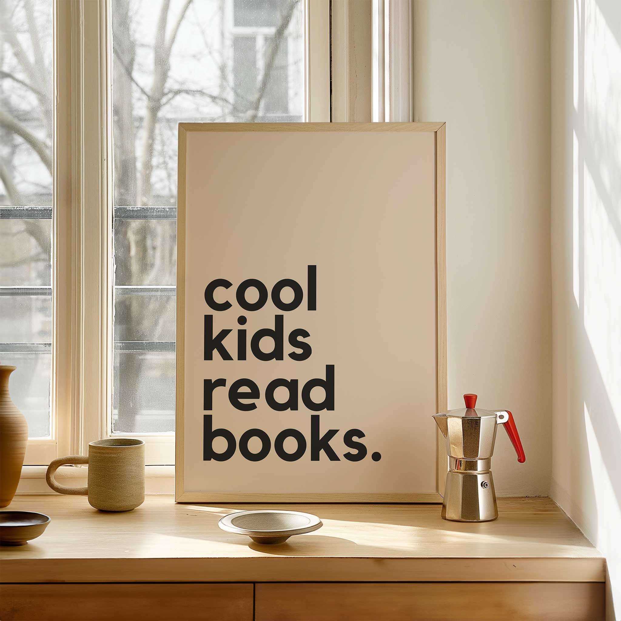 Cool Kids Read Books' typography, motivational framed wall art print for kids' reading aesthetic, titled 'Cool Kids Read Books'