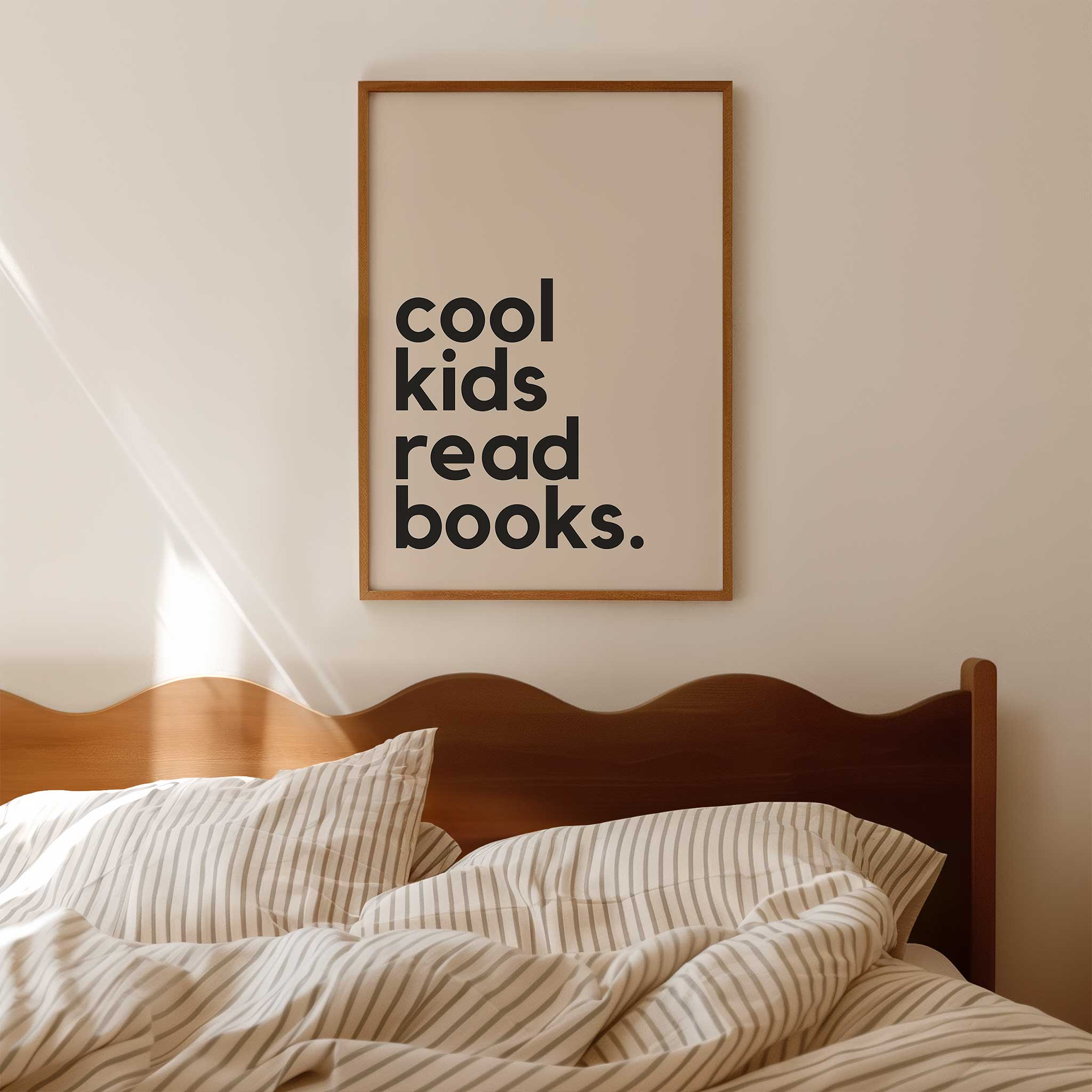 Cool Kids Read Books' typography, motivational framed wall art print for kids' reading aesthetic, titled 'Cool Kids Read Books'
