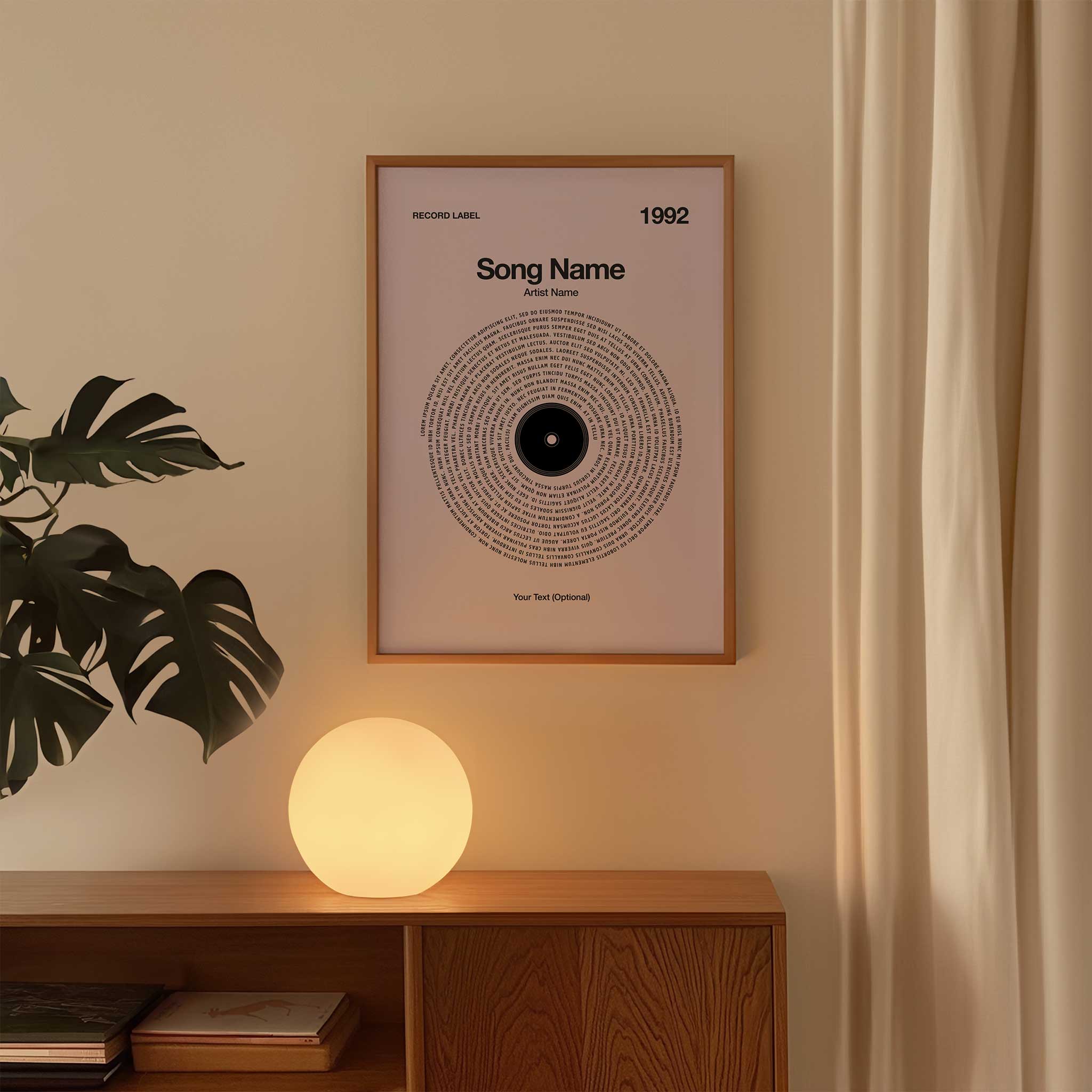 Mauve background custom vinyl record style print with personalized song lyrics, artist, and year.