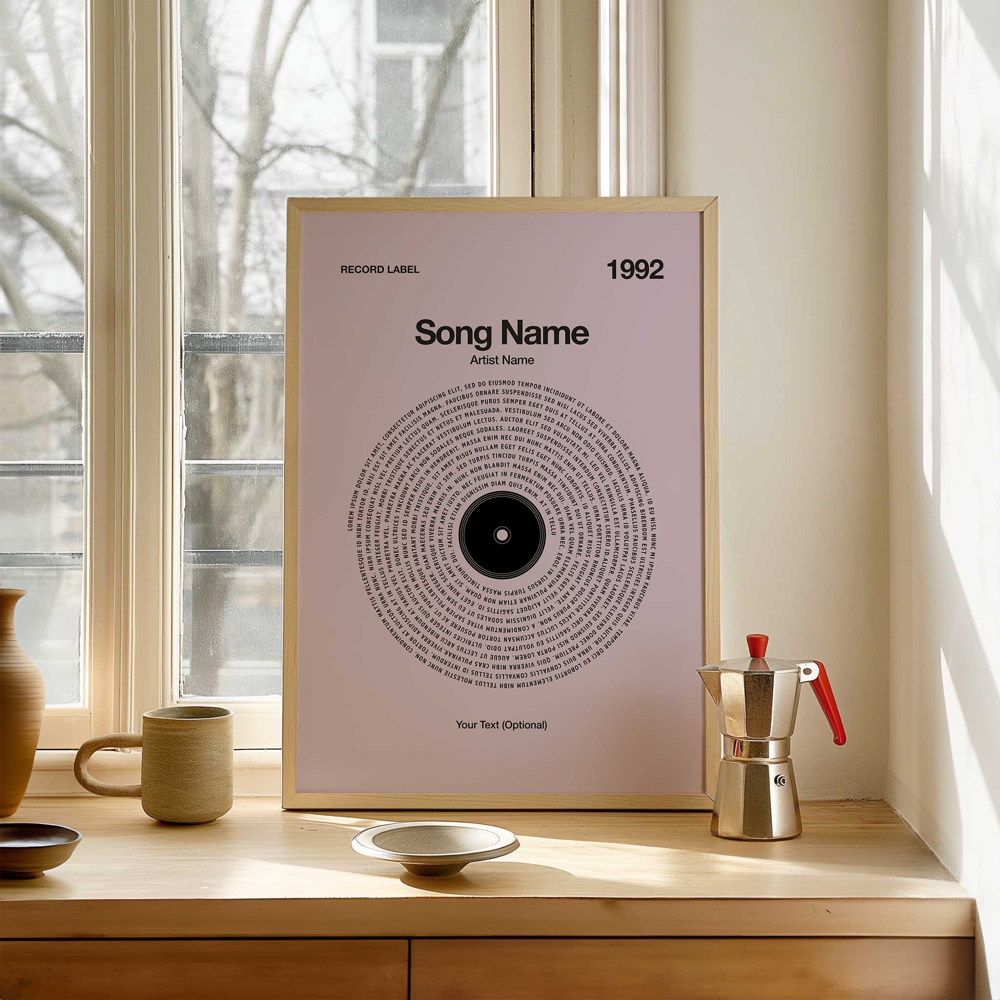 Mauve background custom vinyl record style print with personalized song lyrics, artist, and year.