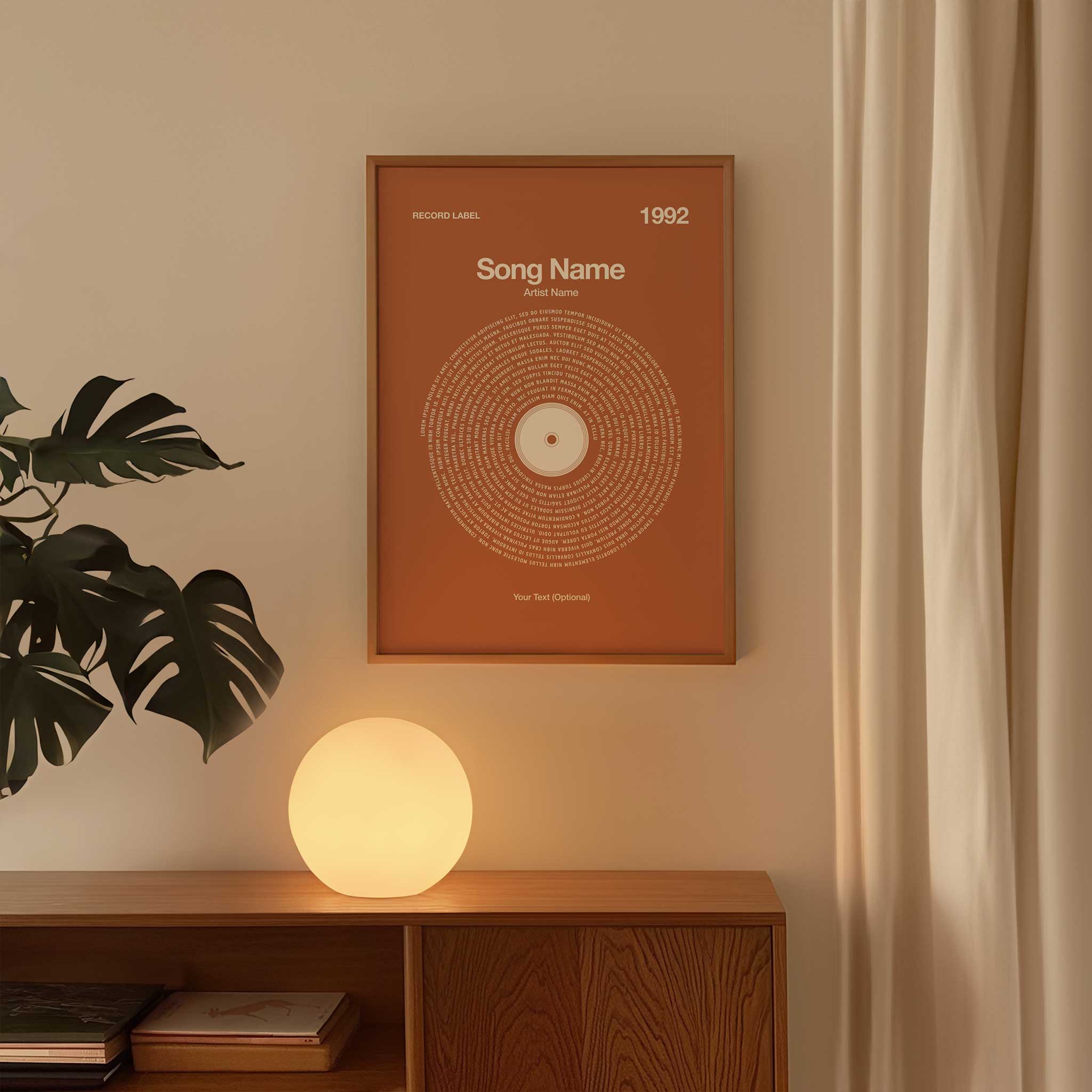 Warm Amber background custom printed song lyrics in a vintage vinyl record design, personalized music art.