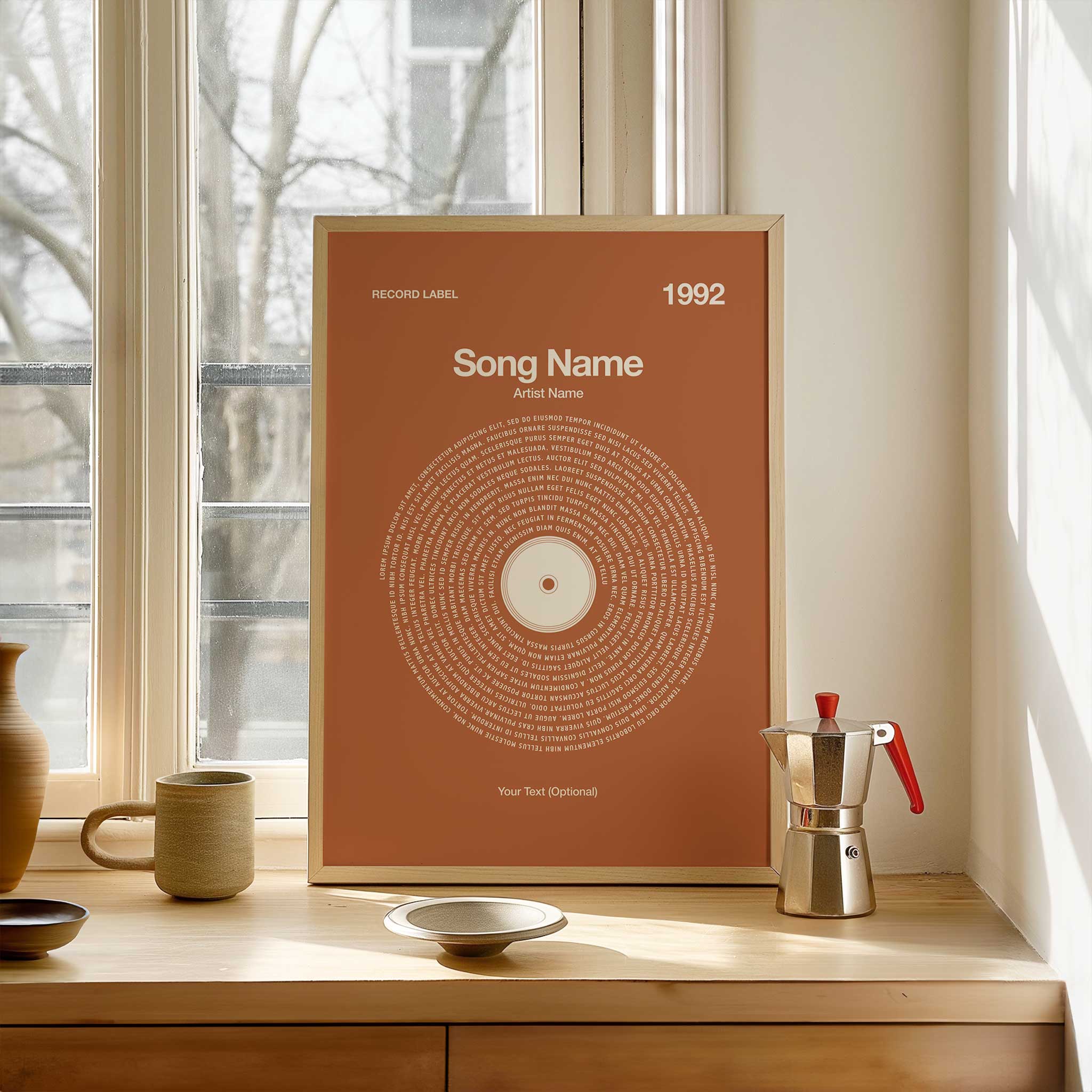 Warm Amber background custom printed song lyrics in a vintage vinyl record design, personalized music art.