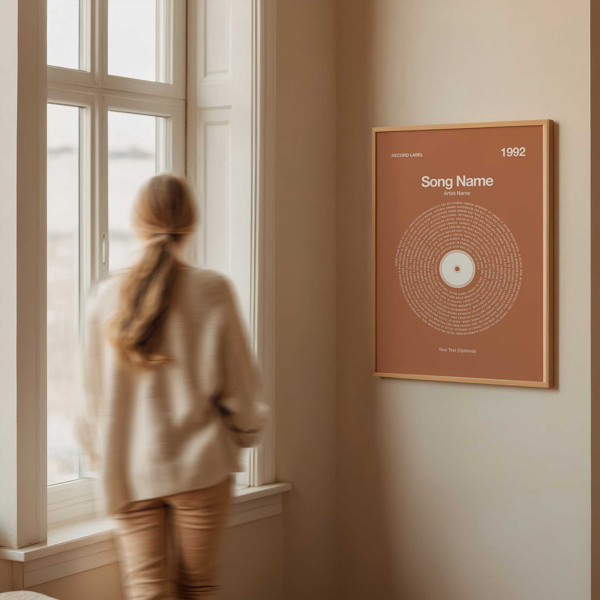 Warm Amber background custom printed song lyrics in a vintage vinyl record design, personalized music art.