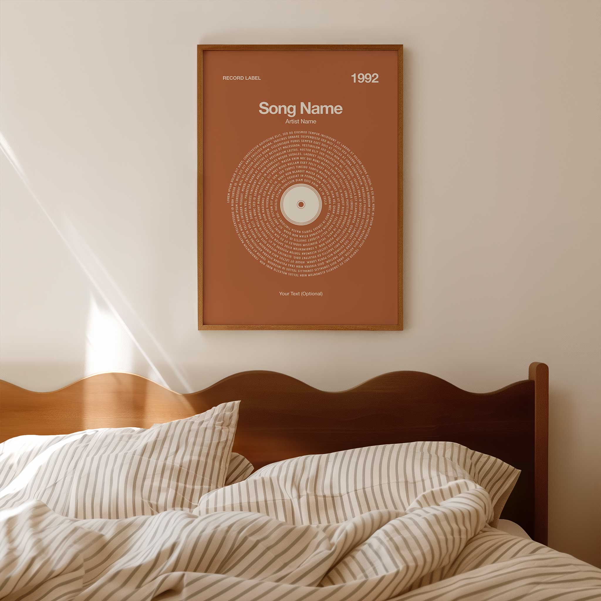 Warm Amber background custom printed song lyrics in a vintage vinyl record design, personalized music art.