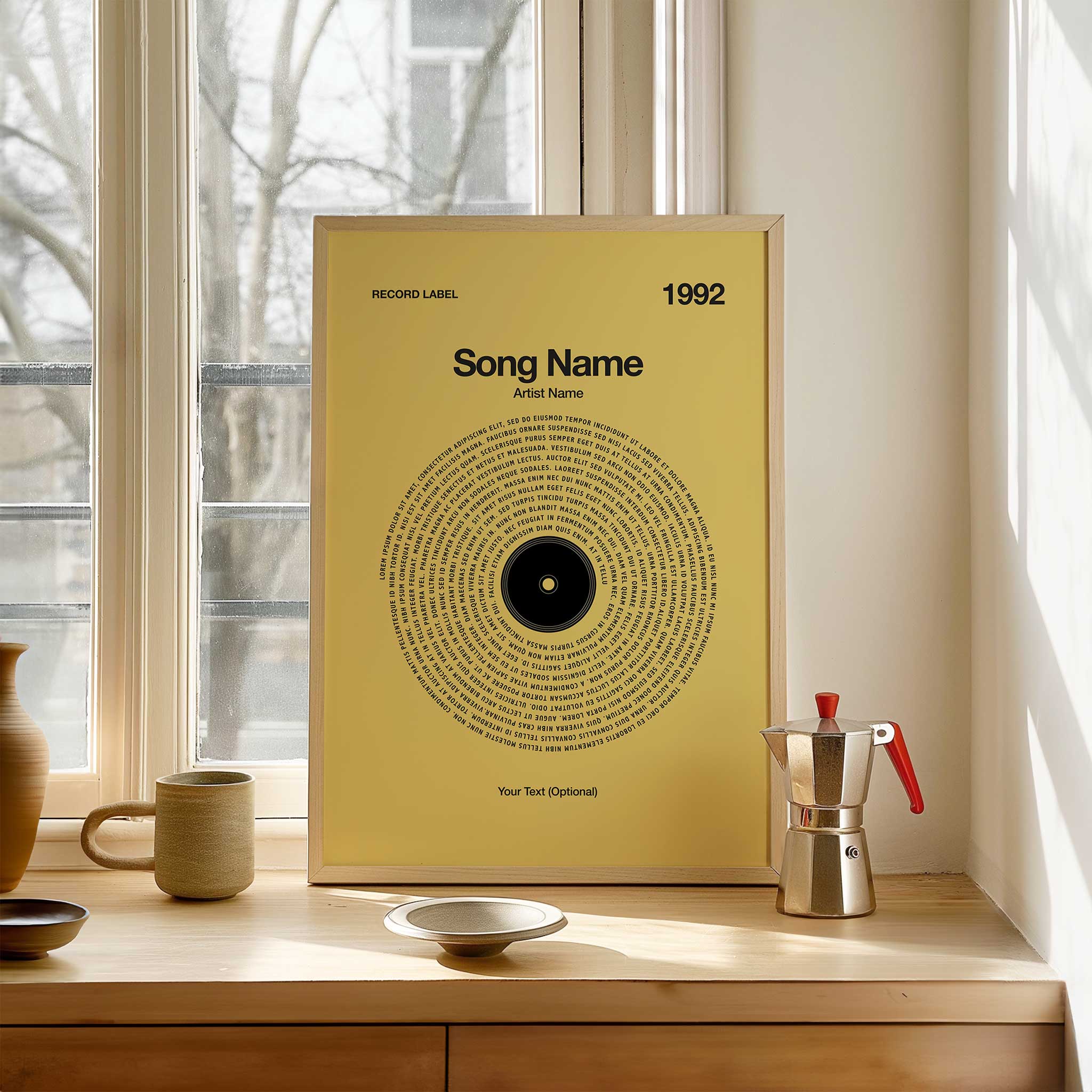 Cheerful Butter Yellow background custom vinyl song print with personalized lyrics, vibrant music gift.
