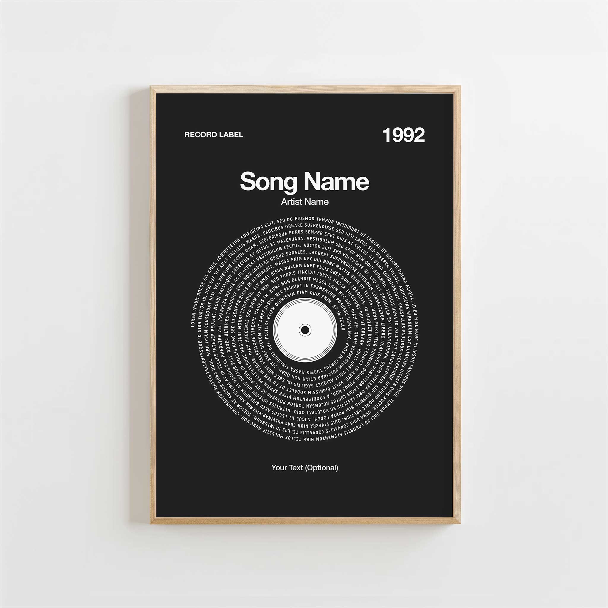 Charcoal background custom song lyrics print in a modern vinyl record style, personalized music lover gift.