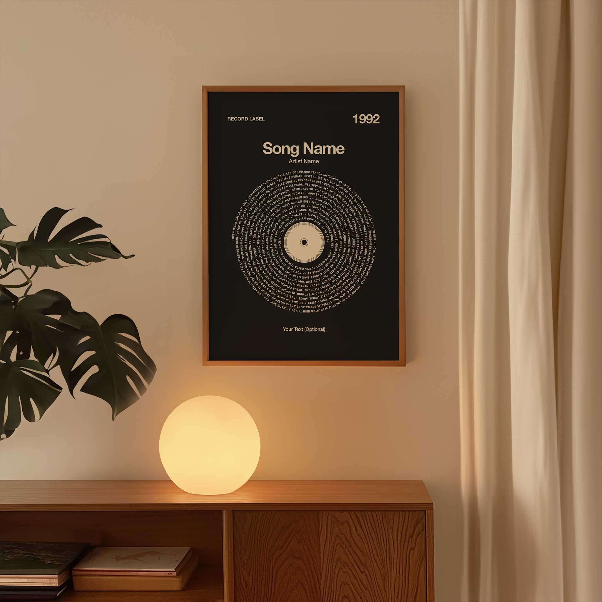 Charcoal background custom song lyrics print in a modern vinyl record style, personalized music lover gift.