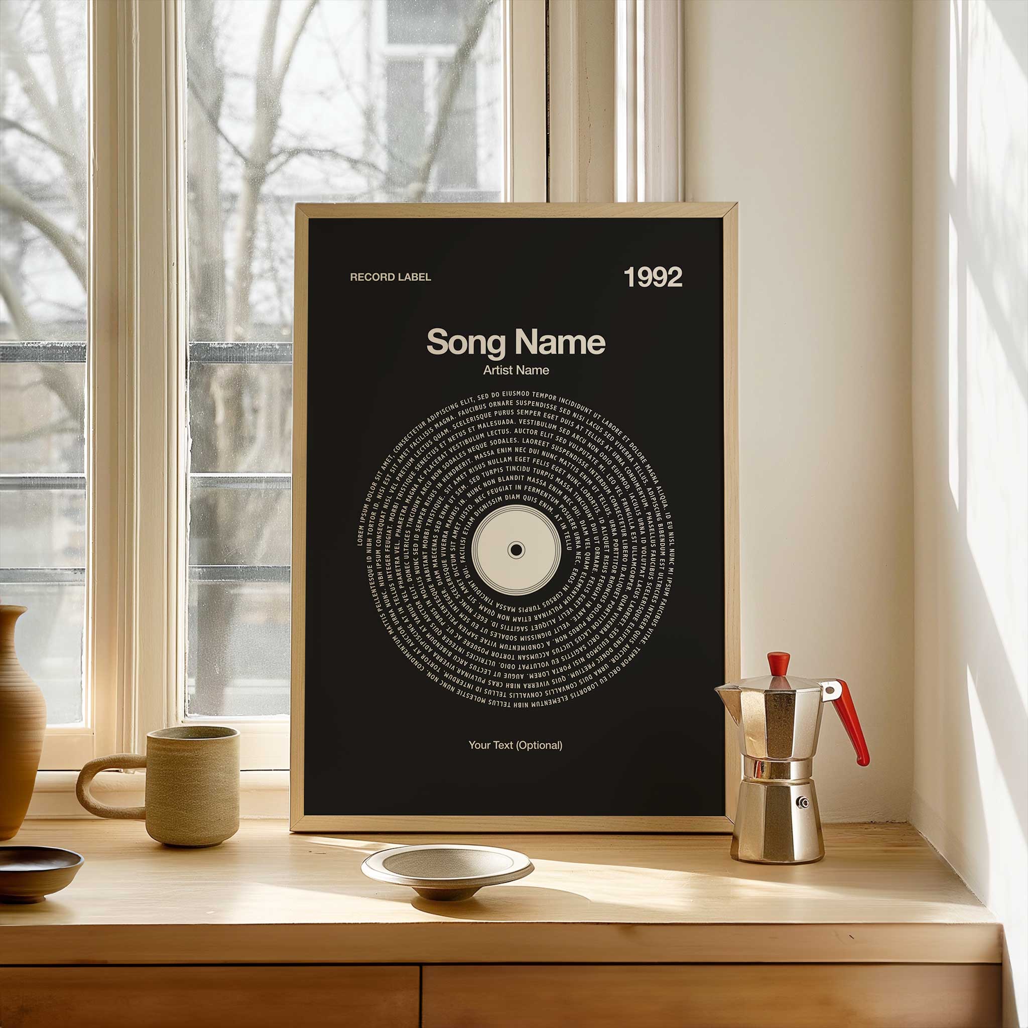 Charcoal background custom song lyrics print in a modern vinyl record style, personalized music lover gift.