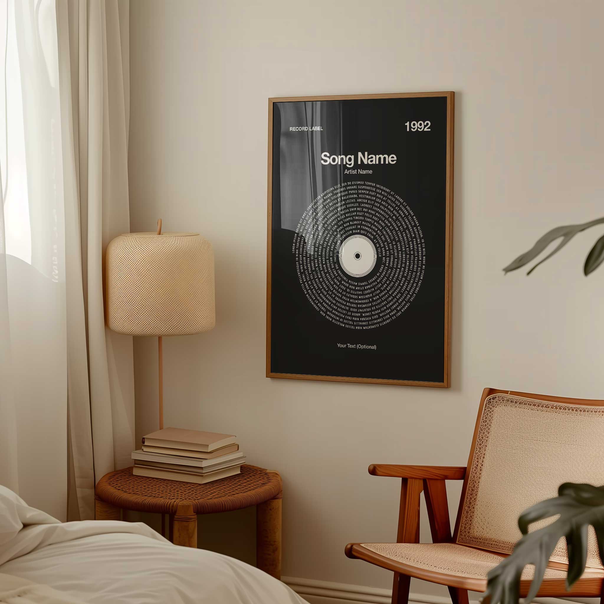 Charcoal background custom song lyrics print in a modern vinyl record style, personalized music lover gift.