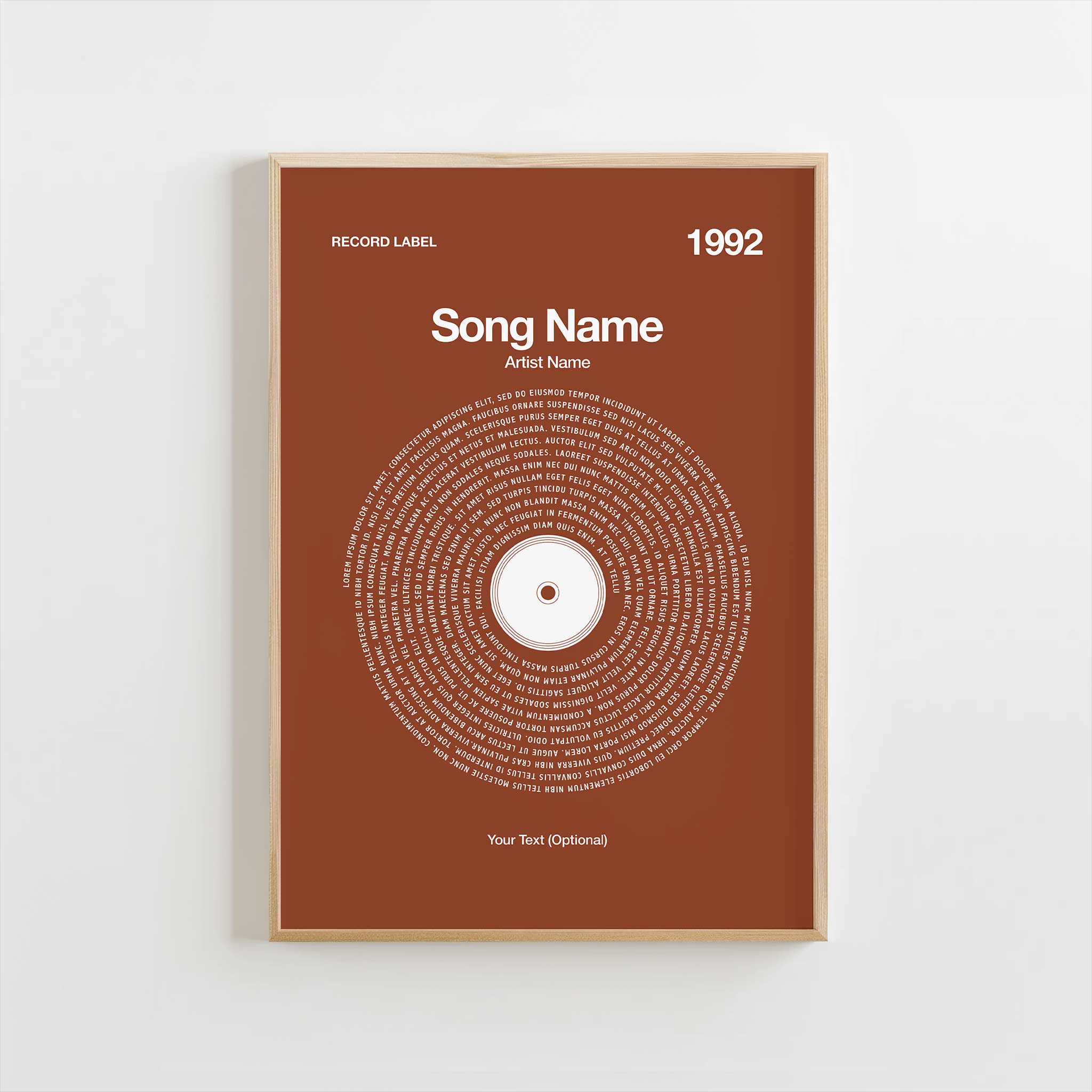Rich Chestnut background custom vinyl lyrics print, timeless personalized music wall art.