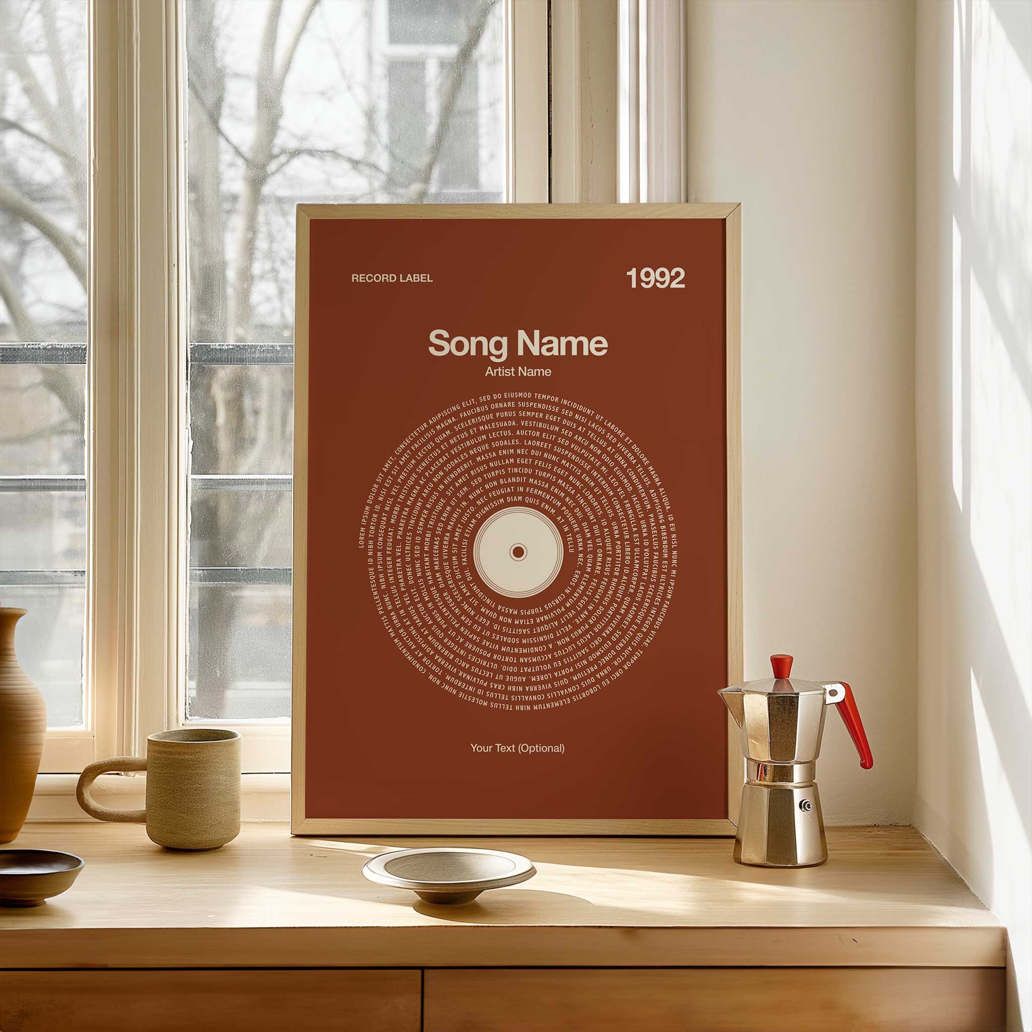 Rich Chestnut background custom vinyl lyrics print, timeless personalized music wall art.