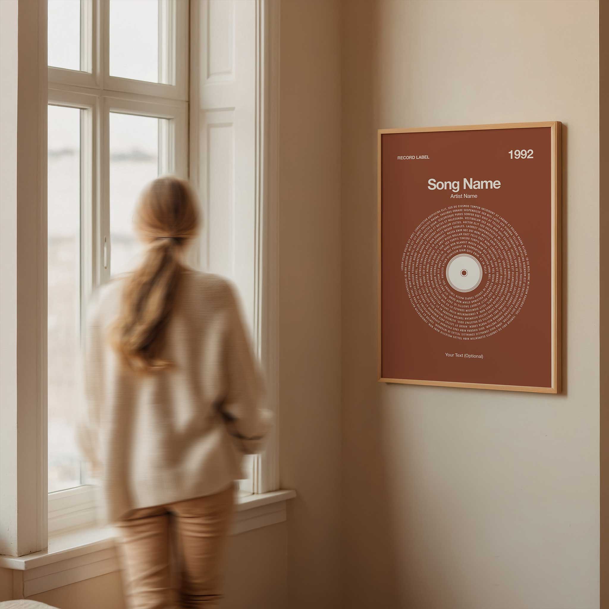 Rich Chestnut background custom vinyl lyrics print, timeless personalized music wall art.