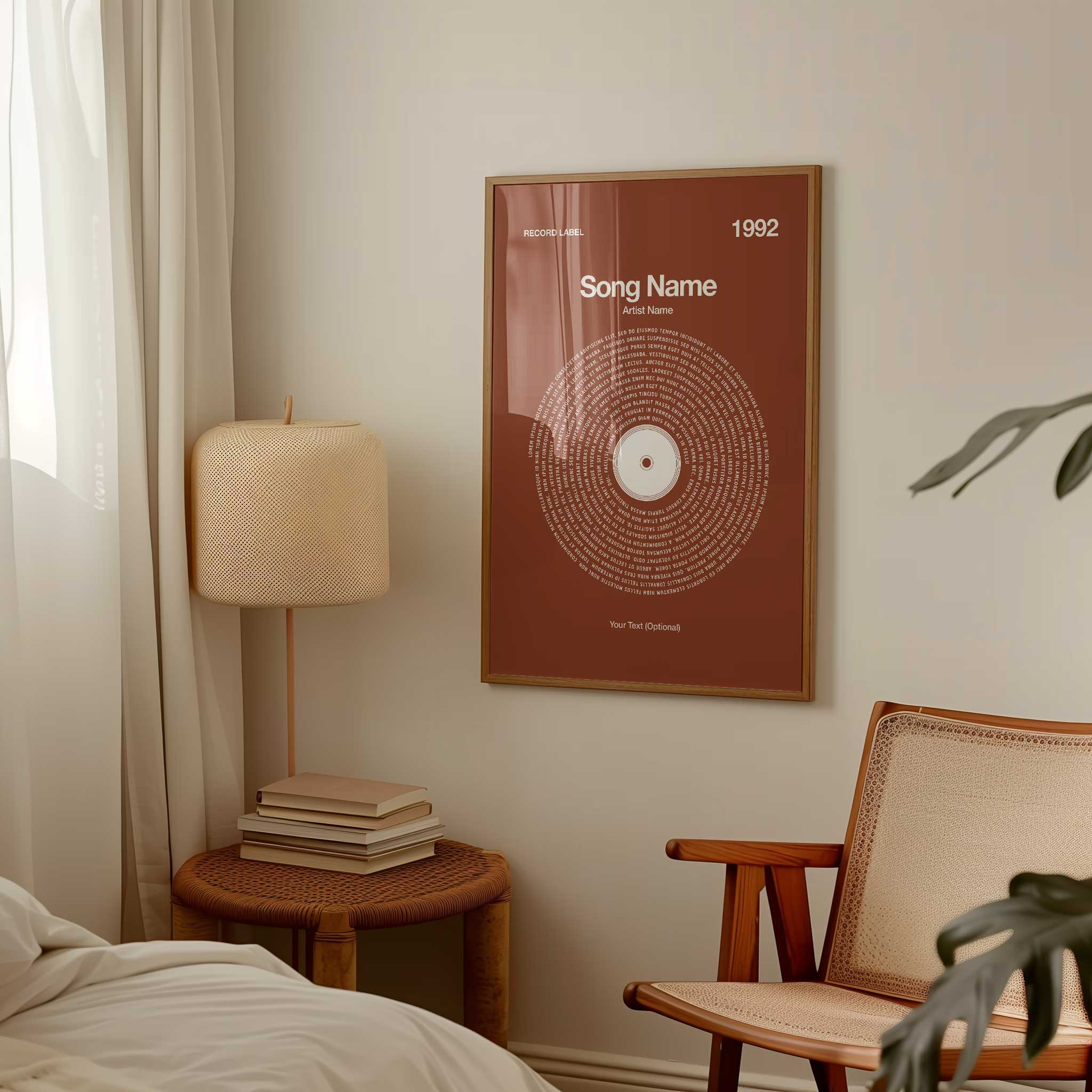 Rich Chestnut background custom vinyl lyrics print, timeless personalized music wall art.