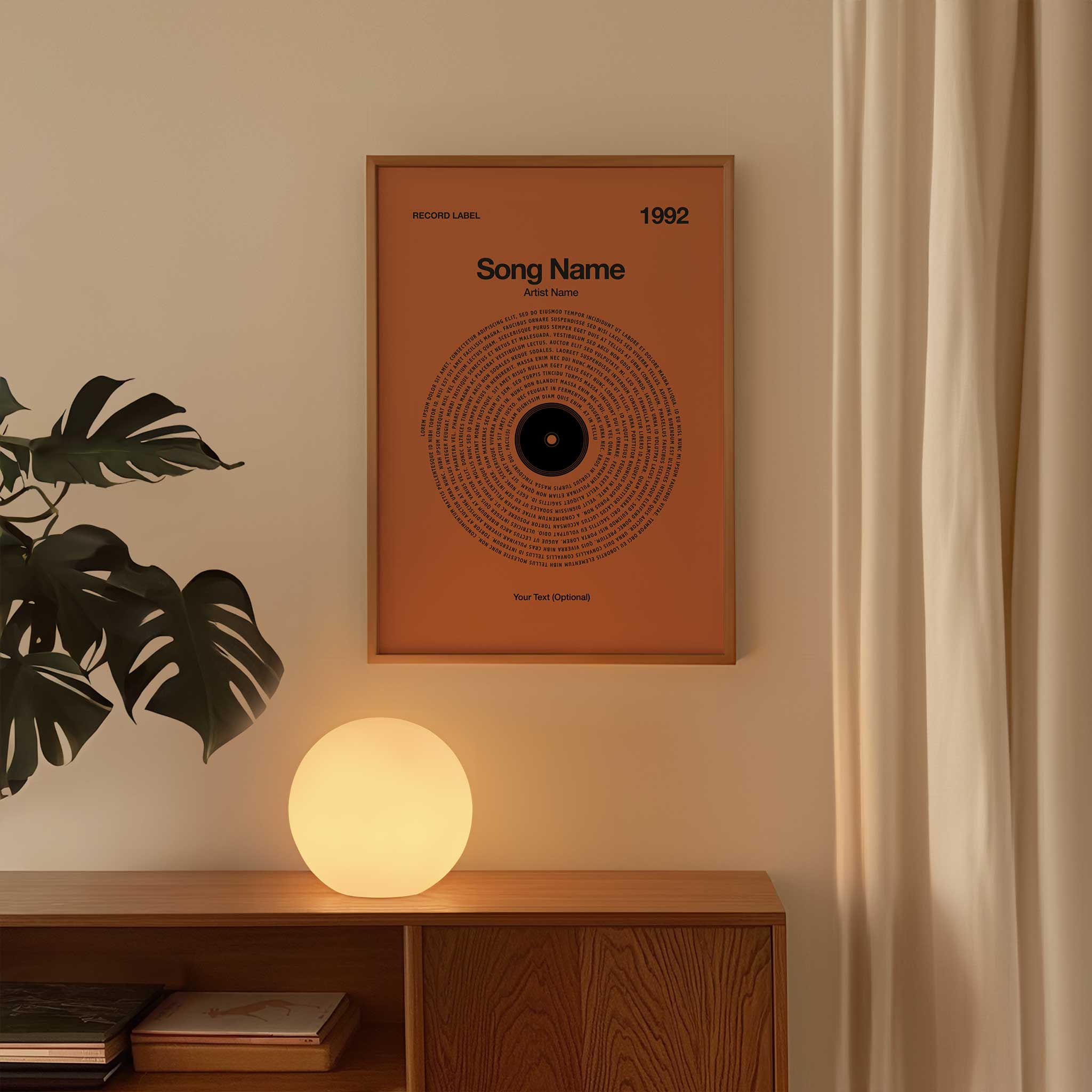 Warm Cinnamon background custom song lyrics wall art in a vinyl record design, cozy music lover gift.