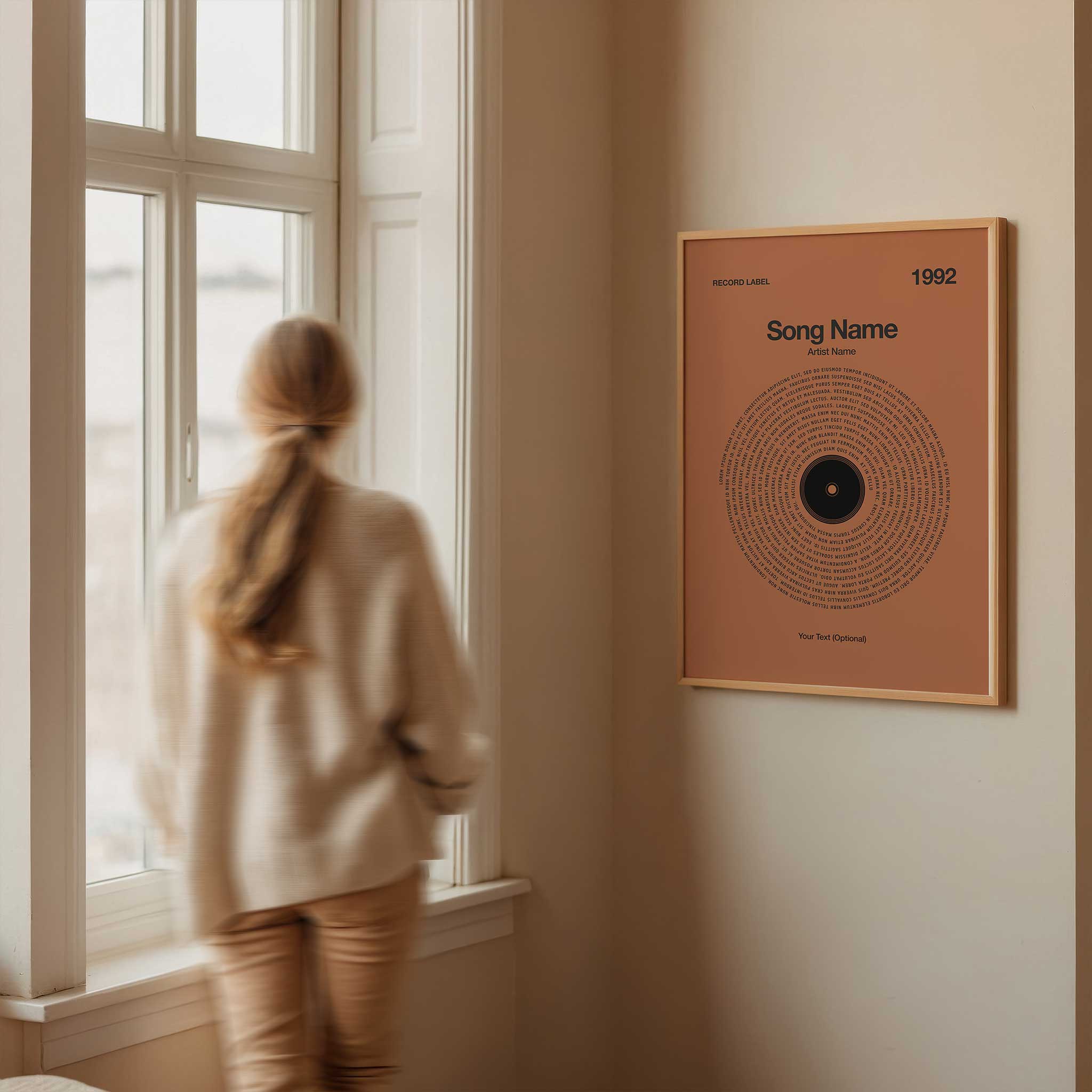 Warm Cinnamon background custom song lyrics wall art in a vinyl record design, cozy music lover gift.