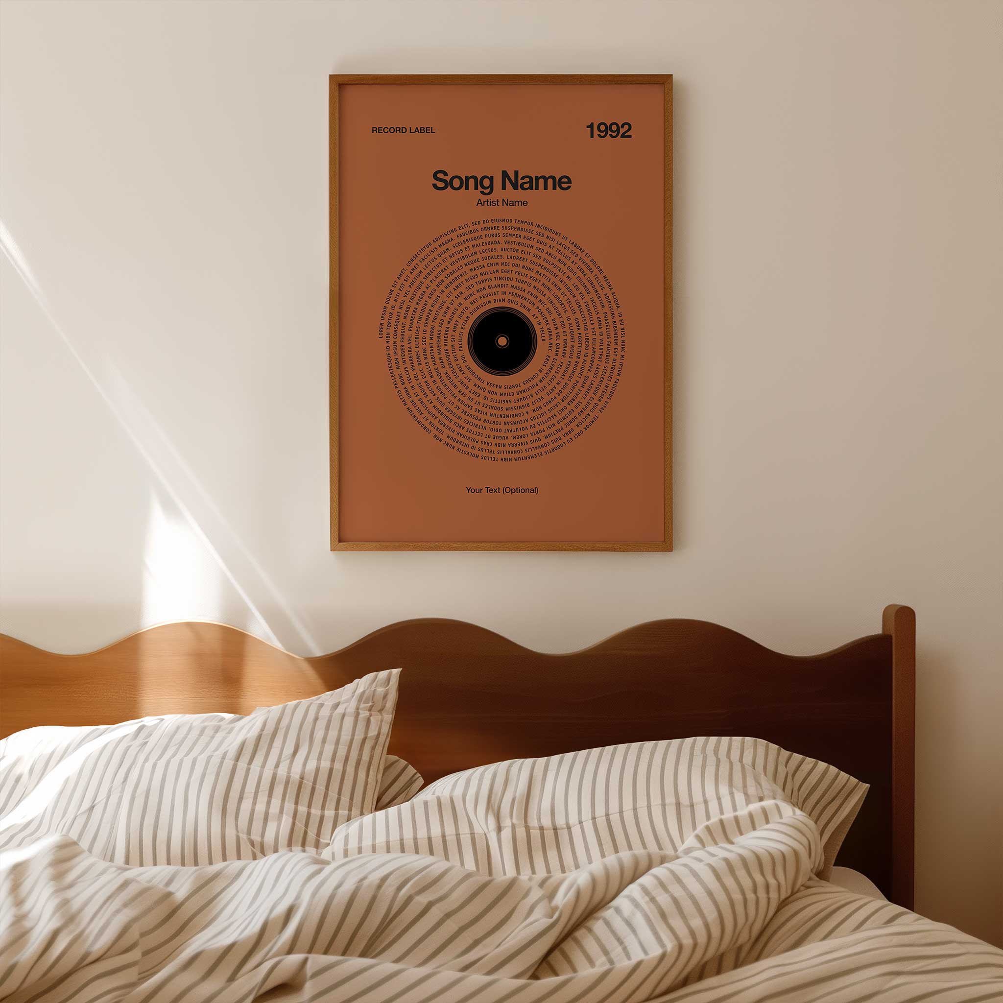 Warm Cinnamon background custom song lyrics wall art in a vinyl record design, cozy music lover gift.