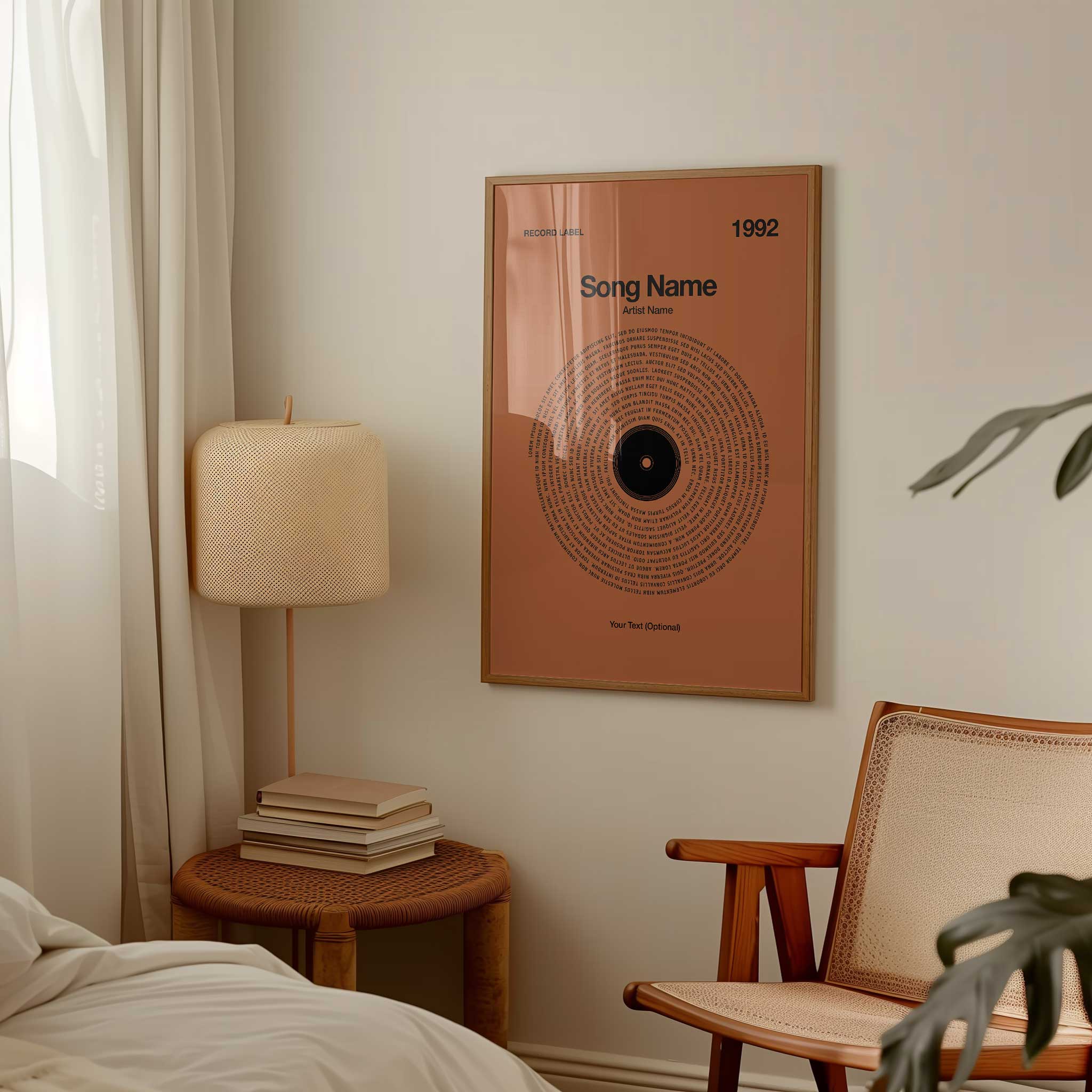 Warm Cinnamon background custom song lyrics wall art in a vinyl record design, cozy music lover gift.