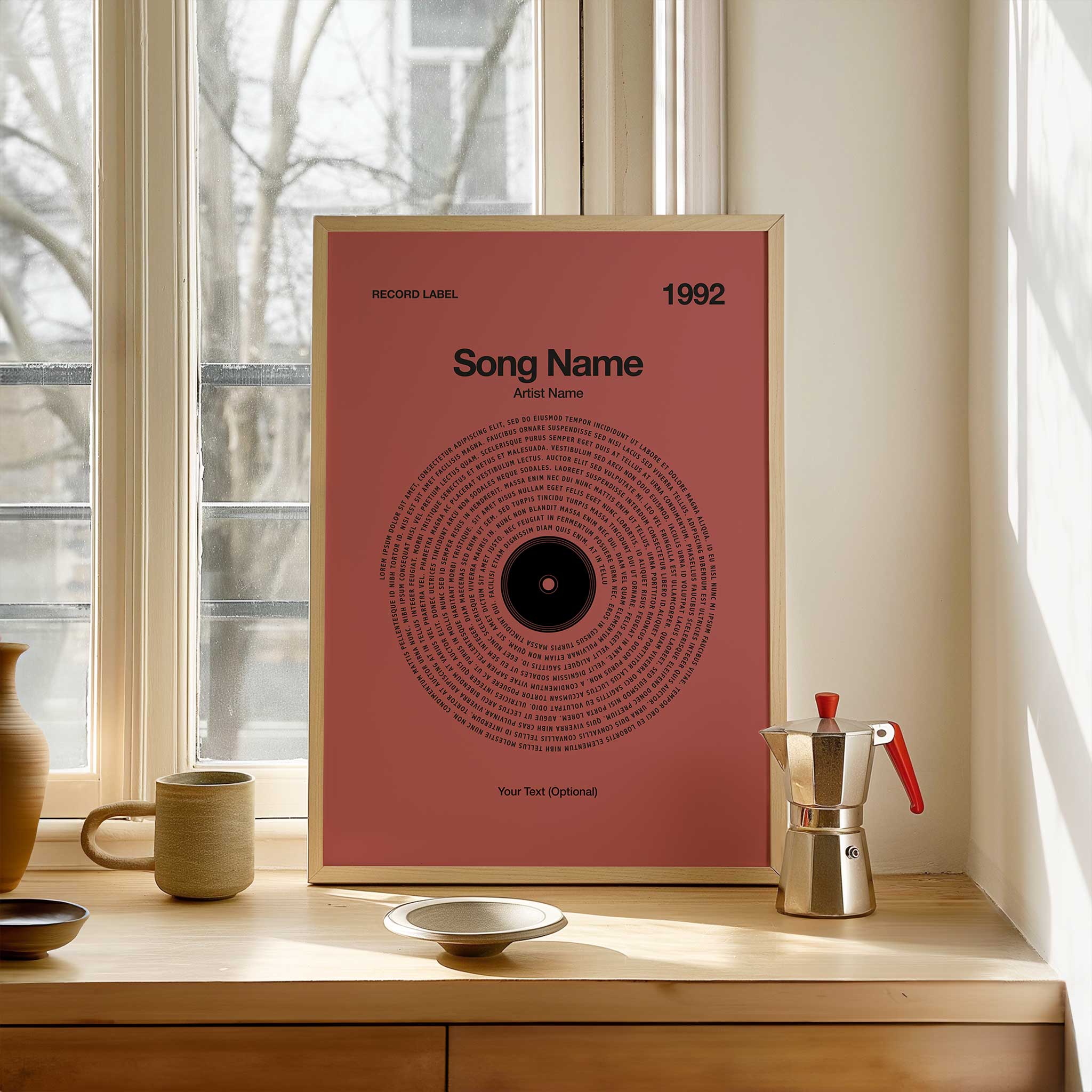 Warm Clay colored custom printed song lyrics in a vinyl record style, earthy aesthetic music art.