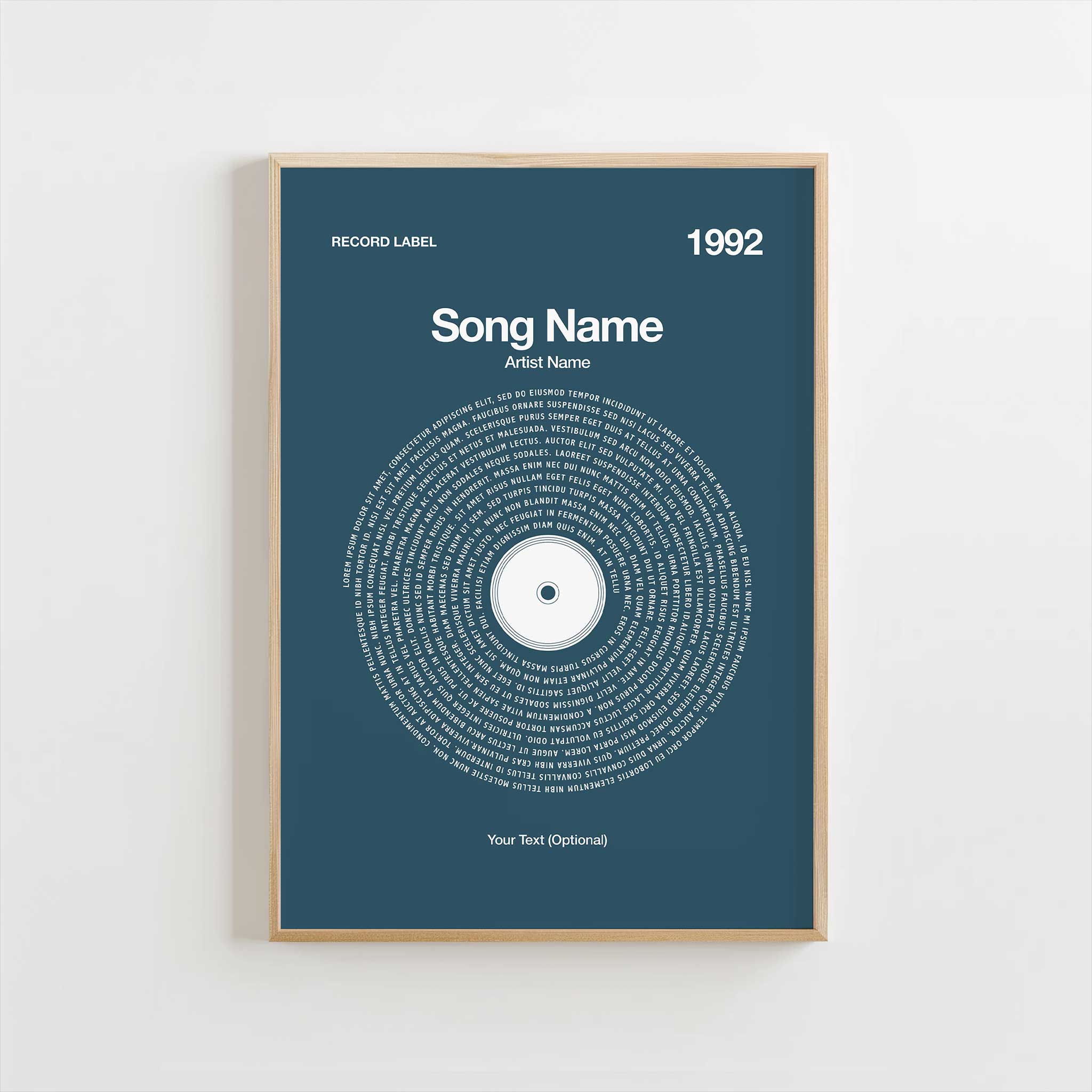 Deepsea Blue background custom lyrics wall art in a vinyl record style, calming personalized music print.