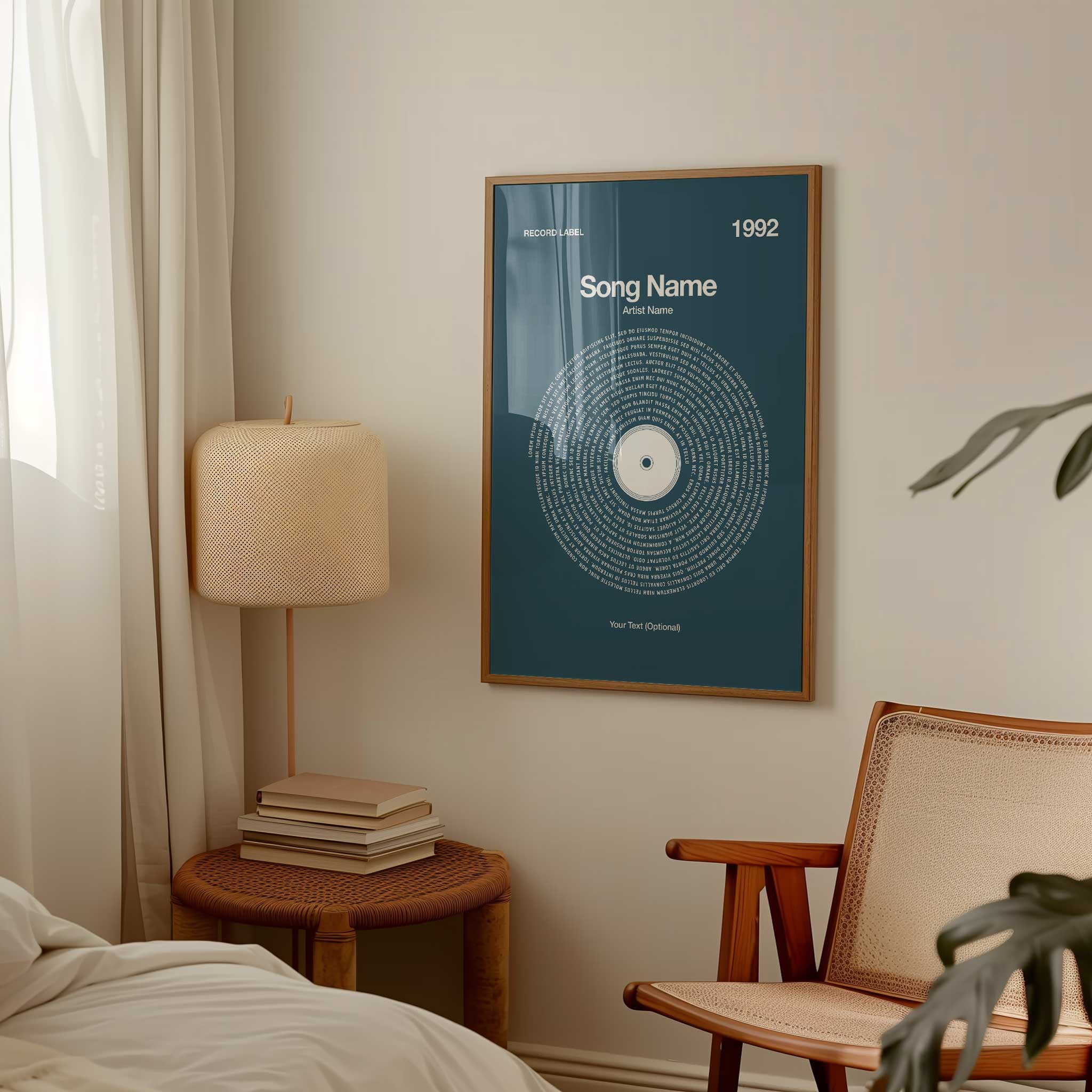 Deepsea Blue background custom lyrics wall art in a vinyl record style, calming personalized music print.