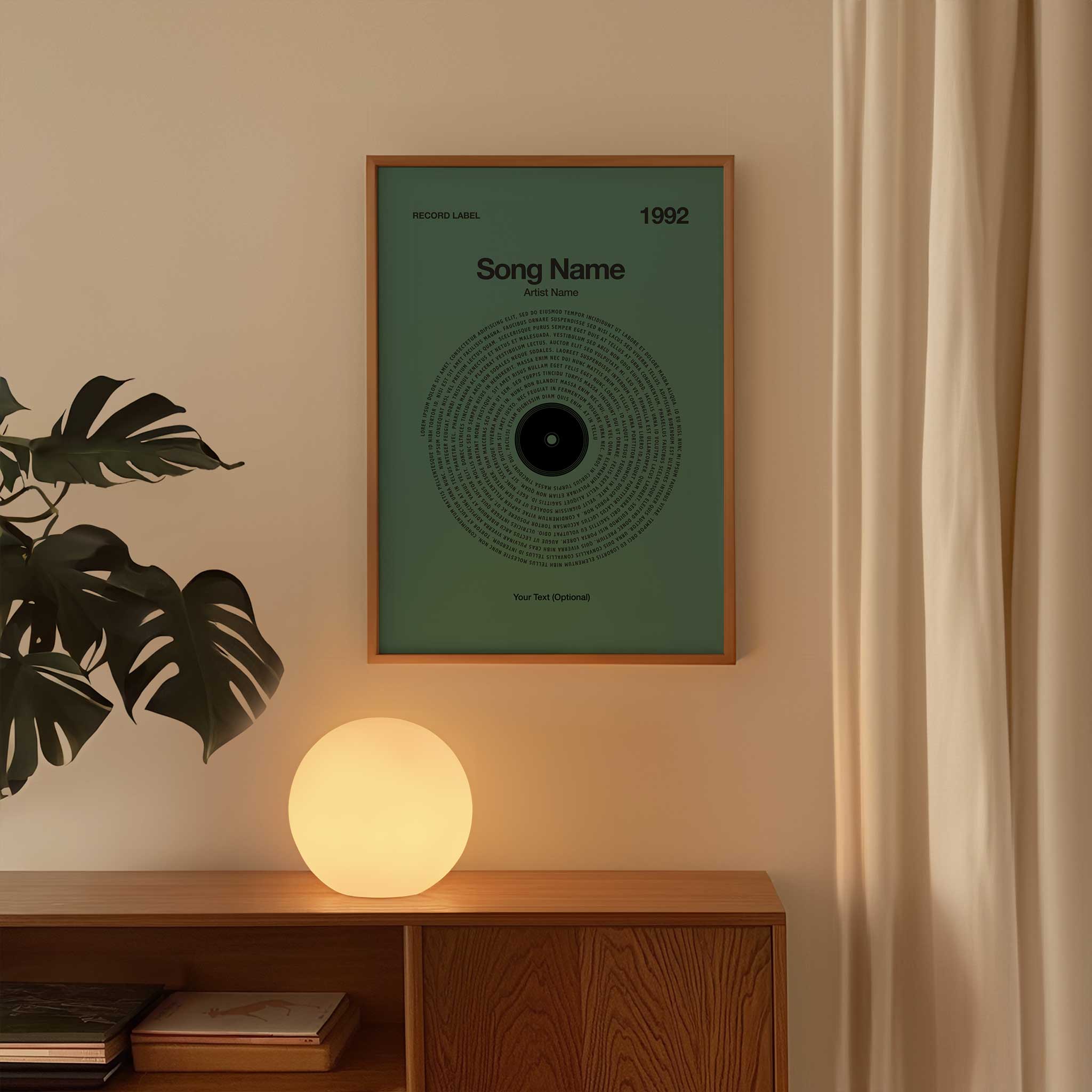 Rich Evergreen background custom song lyrics print in a vinyl record design, peaceful music decor.