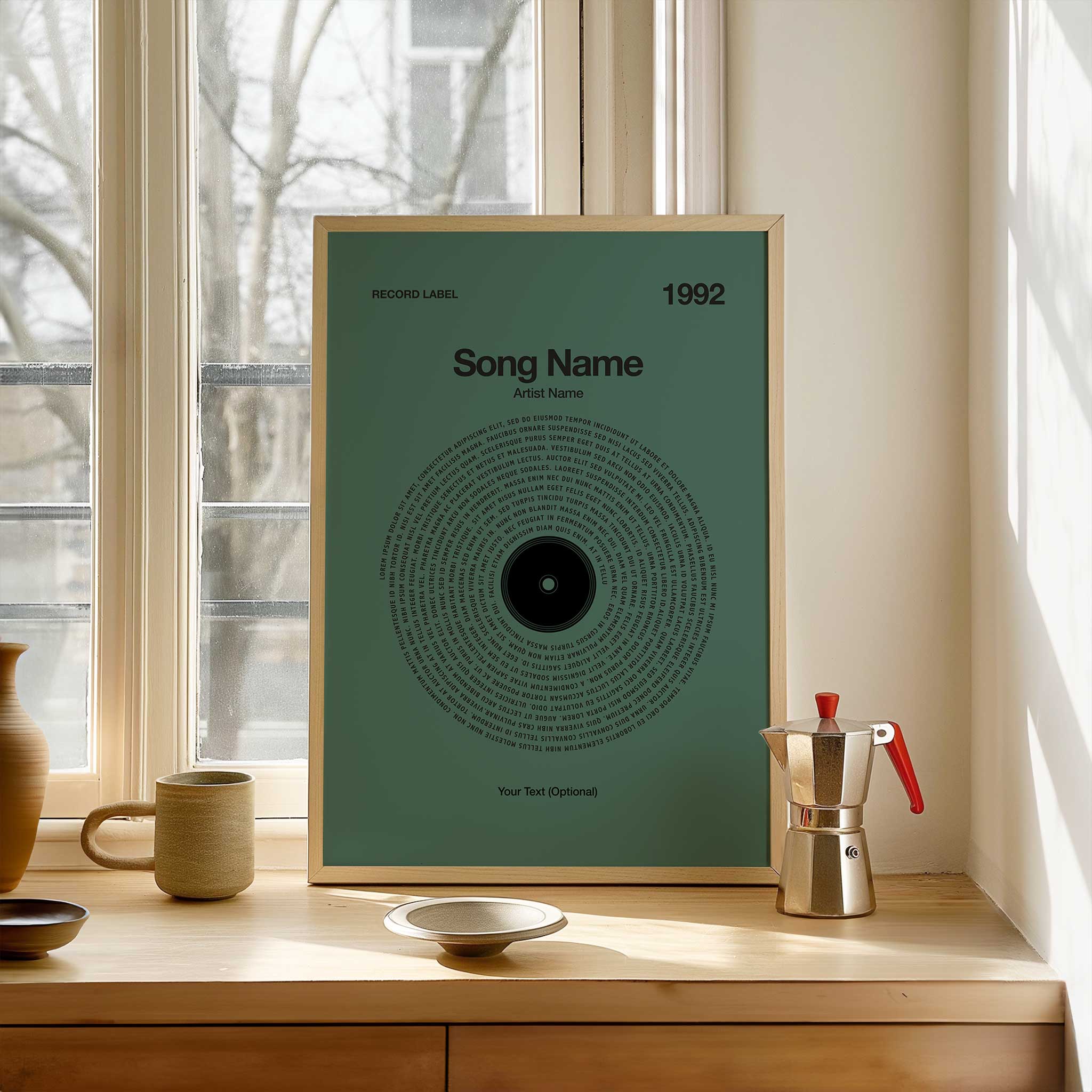 Rich Evergreen background custom song lyrics print in a vinyl record design, peaceful music decor.