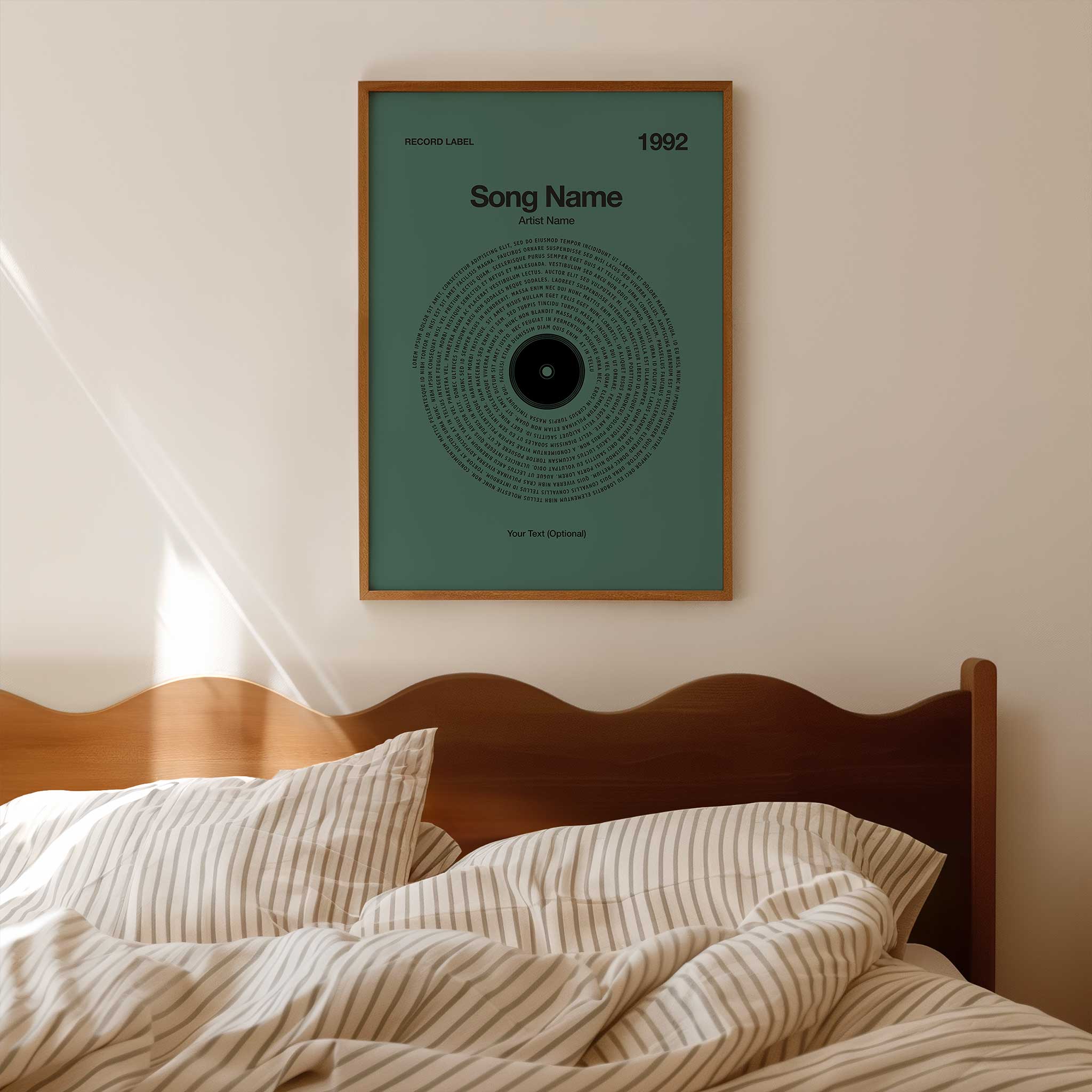 Rich Evergreen background custom song lyrics print in a vinyl record design, peaceful music decor.