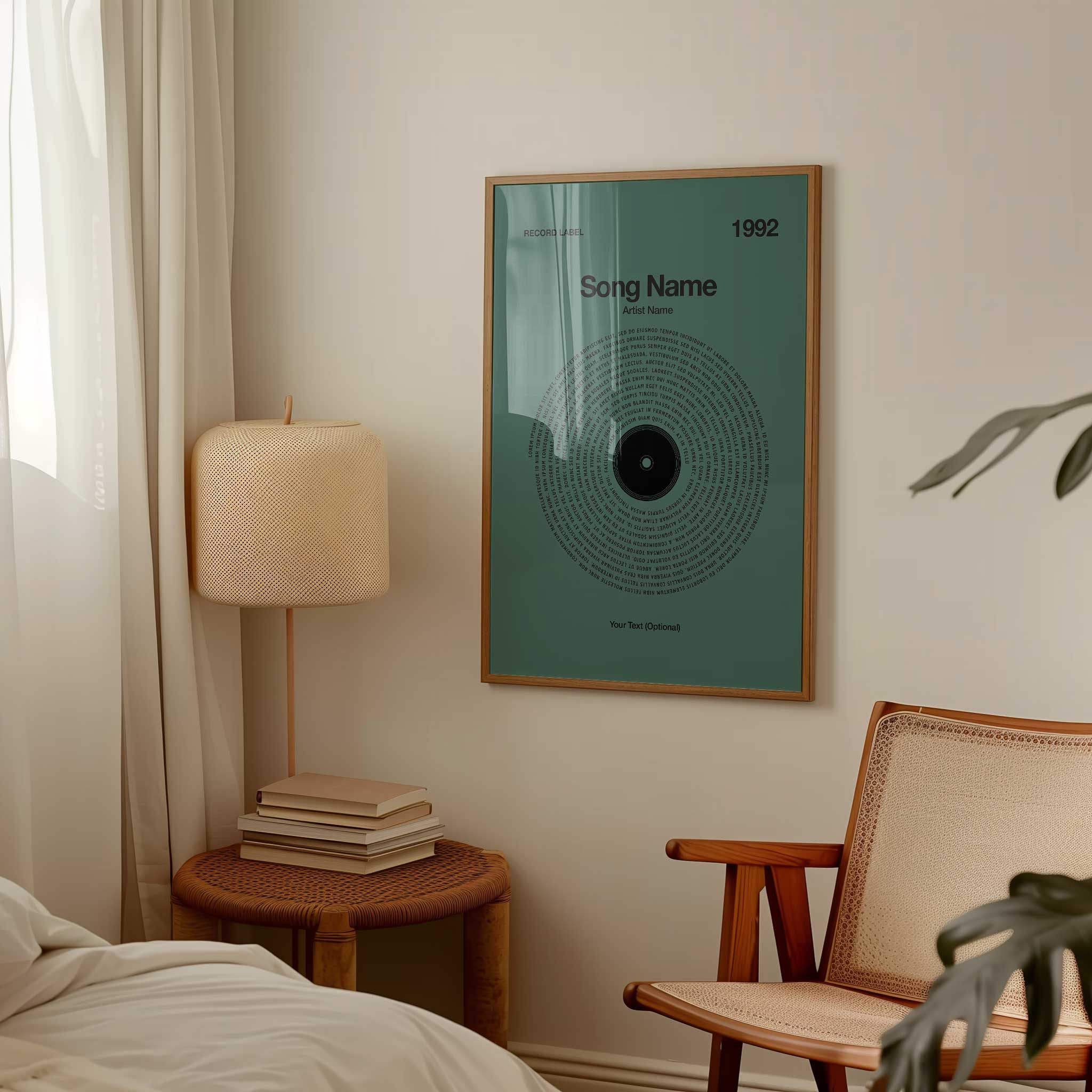 Rich Evergreen background custom song lyrics print in a vinyl record design, peaceful music decor.